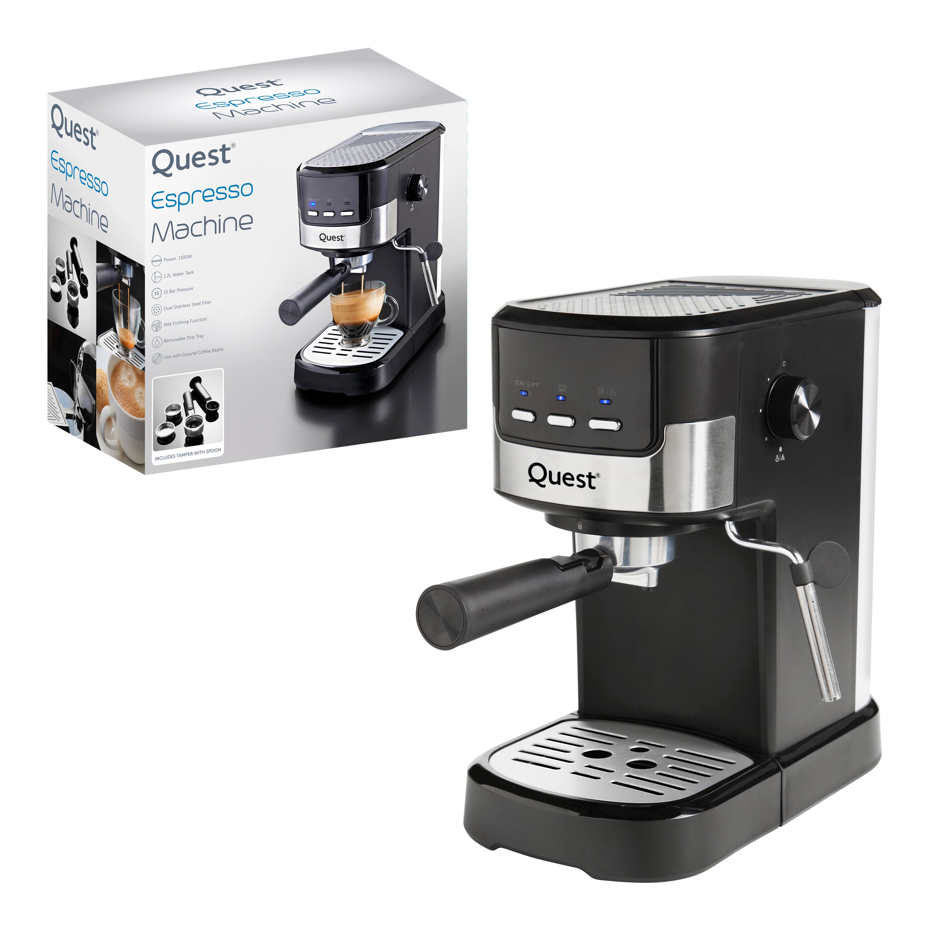 Quest Espresso Coffee Machine With 15 Bar Pressure - Black