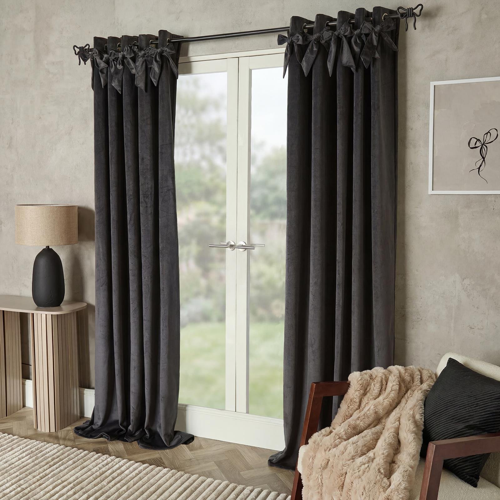 OHS Bow Décor Velvet Eyelet Curtains - 168 x 229cm - Grey