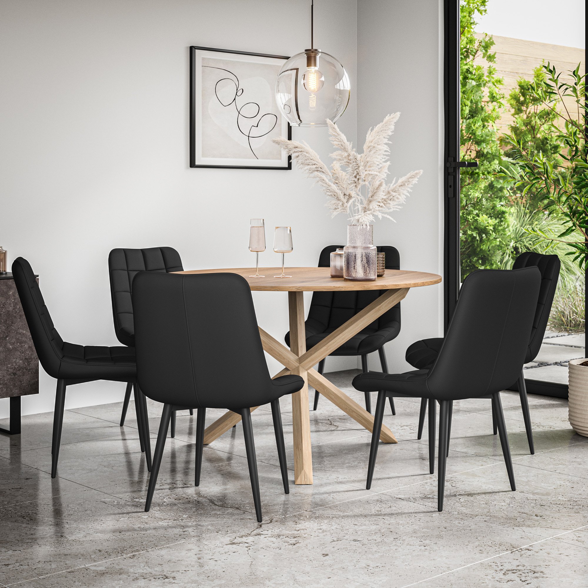 Furniture Online Malvern Nova Oak Table Dining Table & 6 Black Chairs