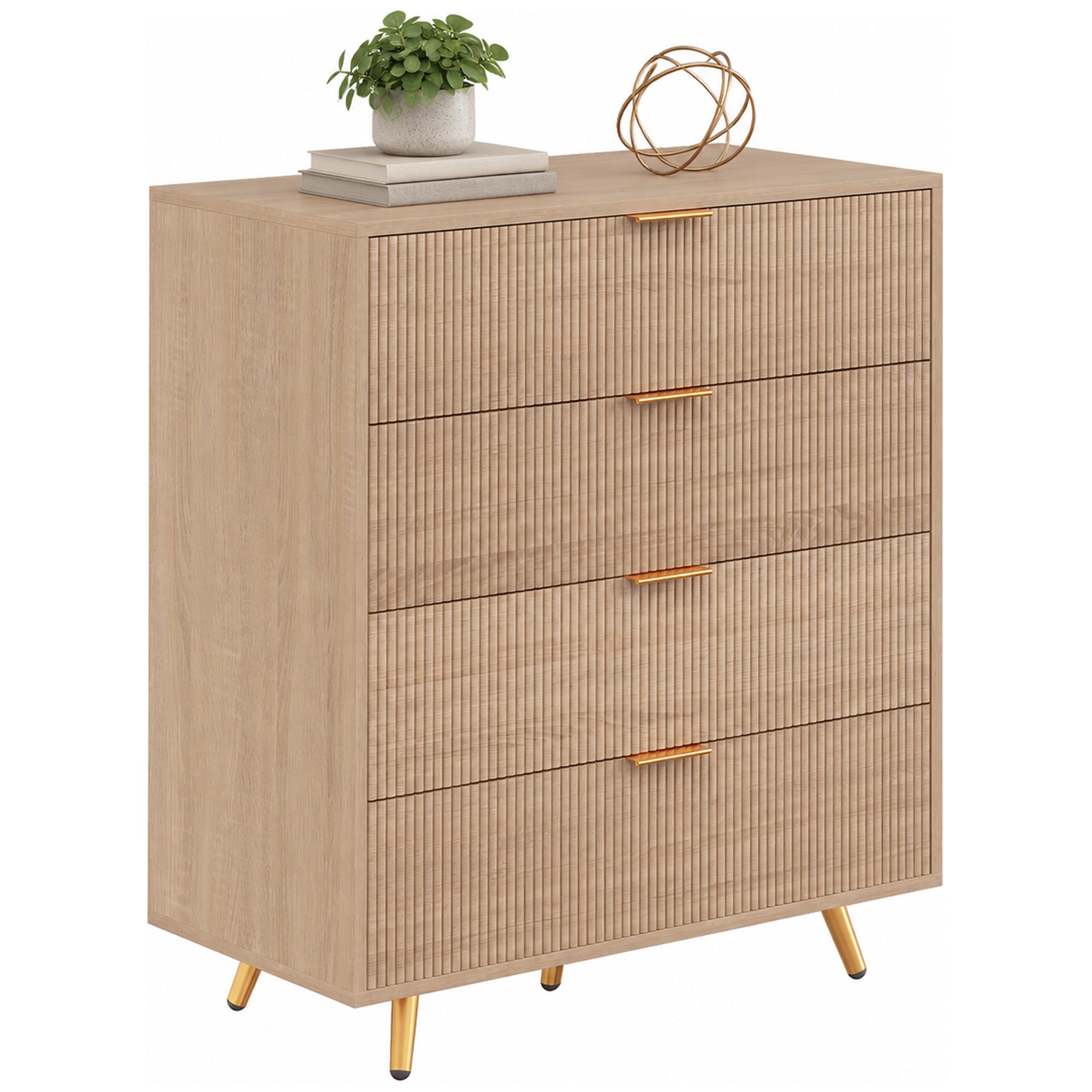 HOMCOM 4 Chest Drawers with Gold Tone Handles - Natural