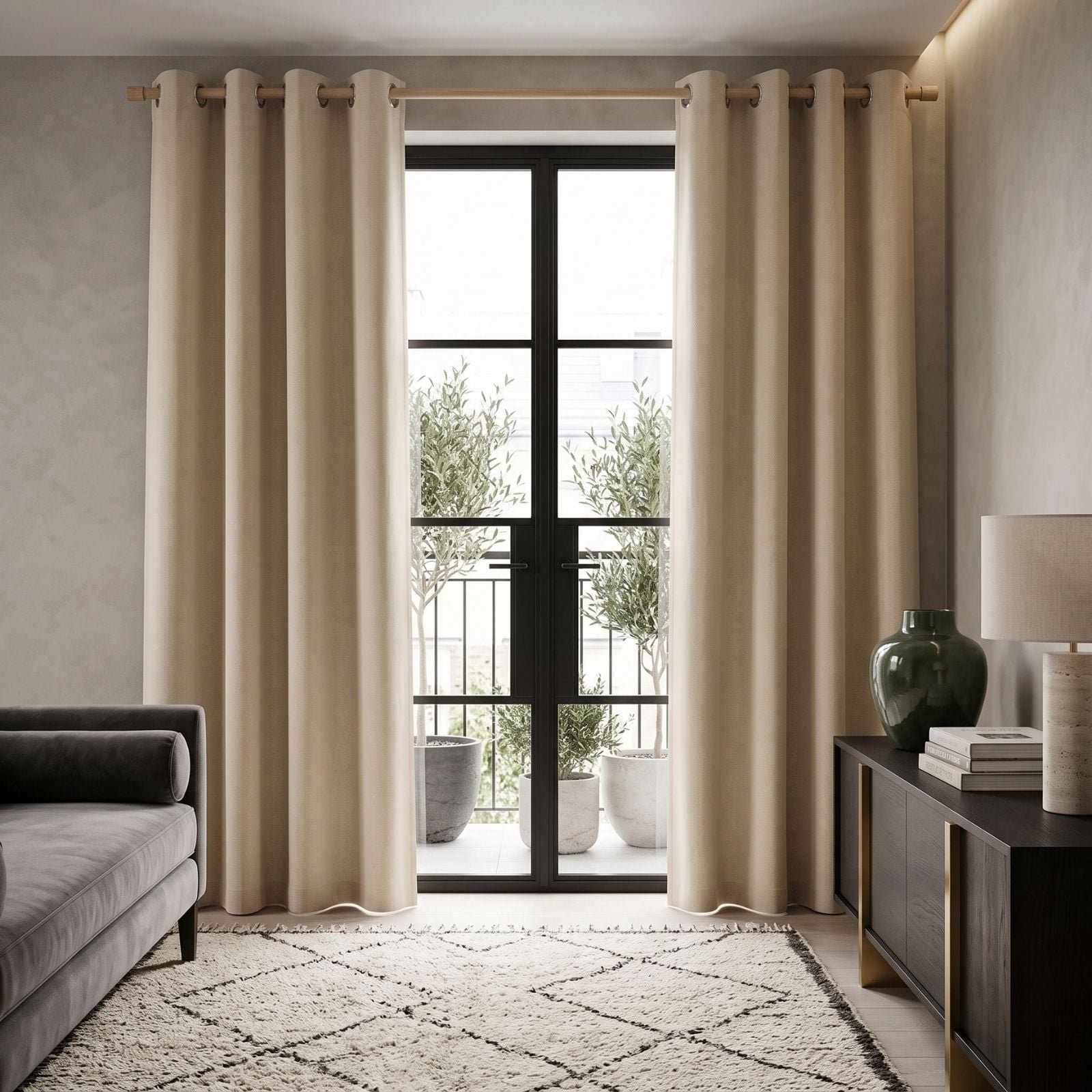 Homescapes Off Beige Plain Cotton Eyelet Curtains - 117cm x 137cm