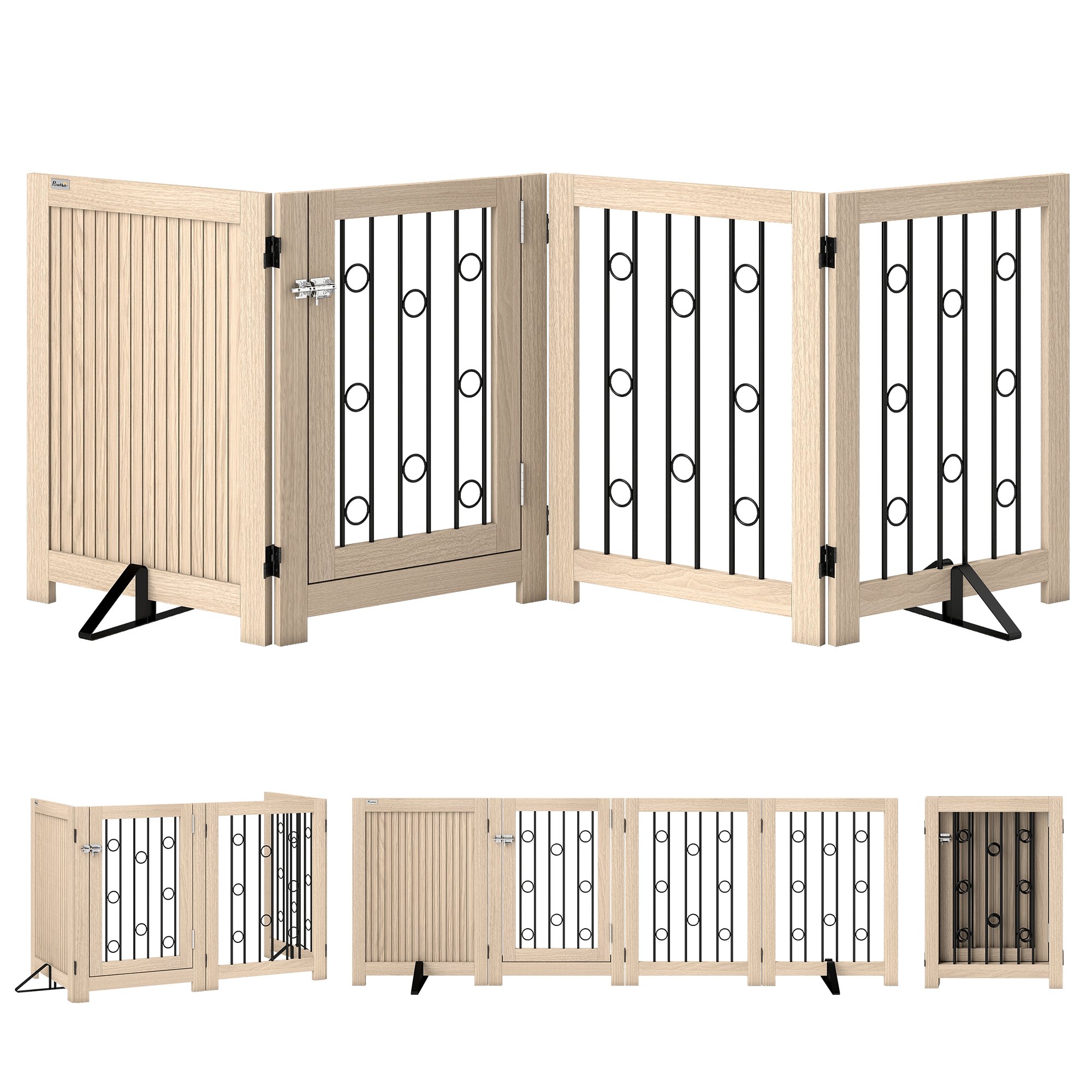 PawHut 4-Panel Foldable Lockable Door Pet Gate - 205x70cm - Oak