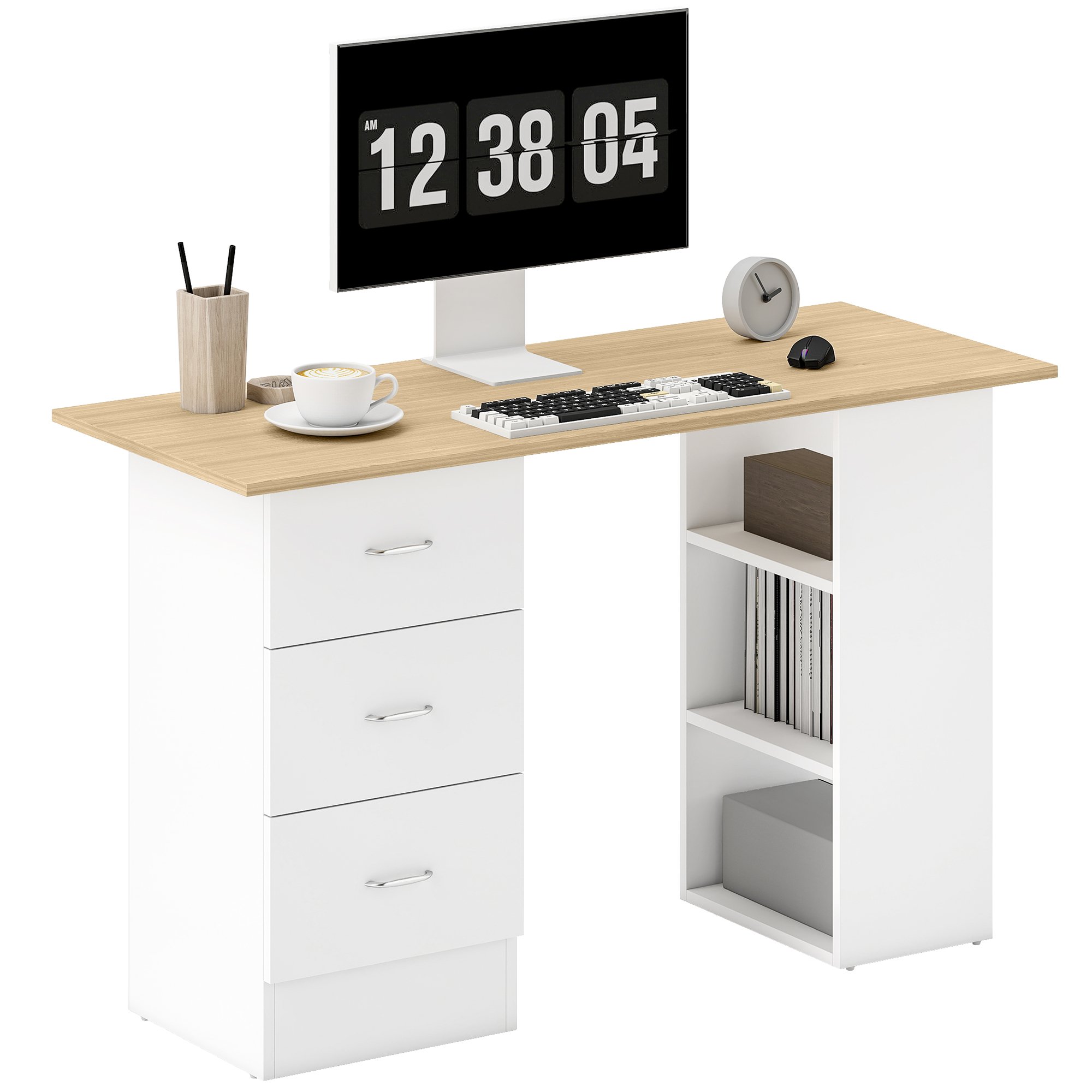 HOMCOM 3 Storage Shelves Computer Desk - Natural Wood