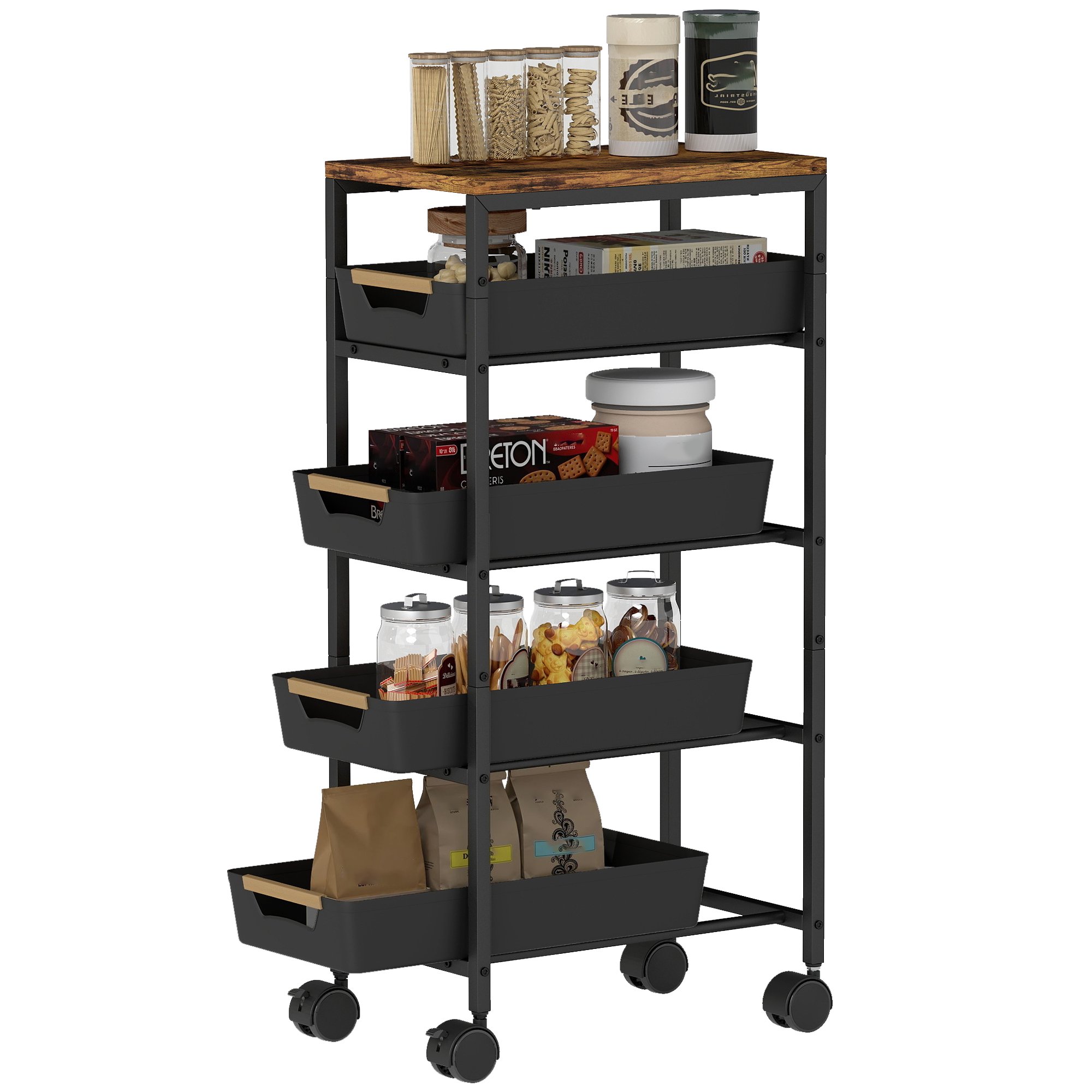HOMCOM 5 Tier Rolling Utility Cart with 4 Pull Out Drawers - Black