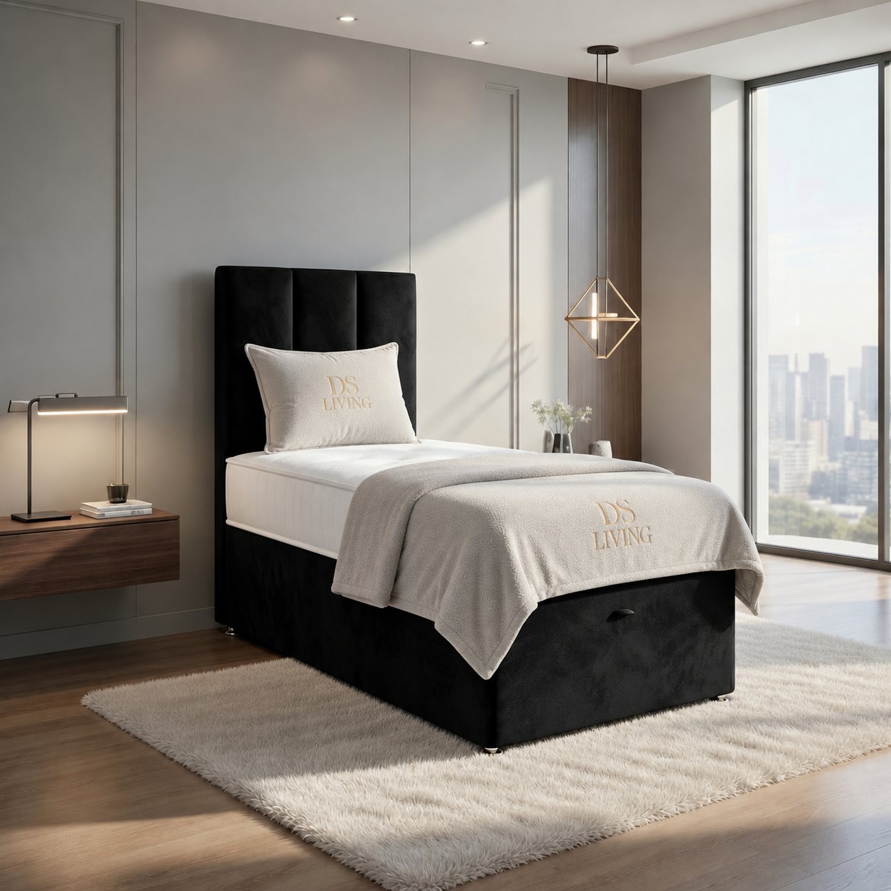 DS Living Harmony Single Velvet Ottoman Bed Frame - Black