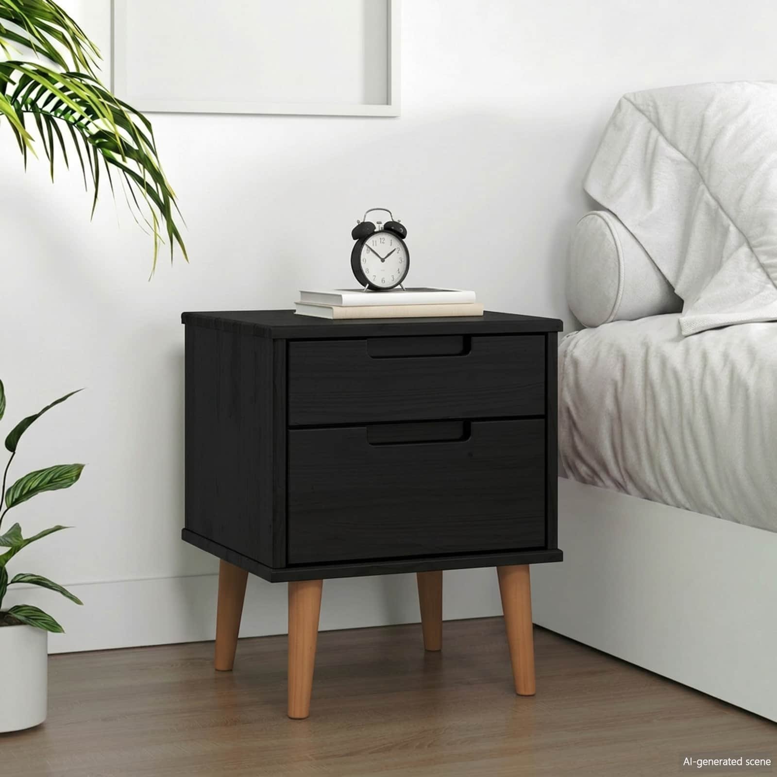 Walplus Solid Pine Bedside Cabinet - Black - 40 x 35 x 48 cm