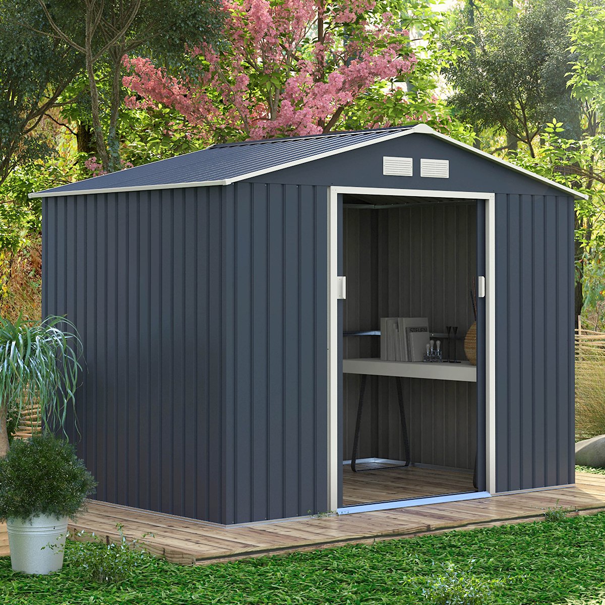 Charles Bentley 9ft x 6ft Metal Steel Garden Shed Outdoor Storage - Grey