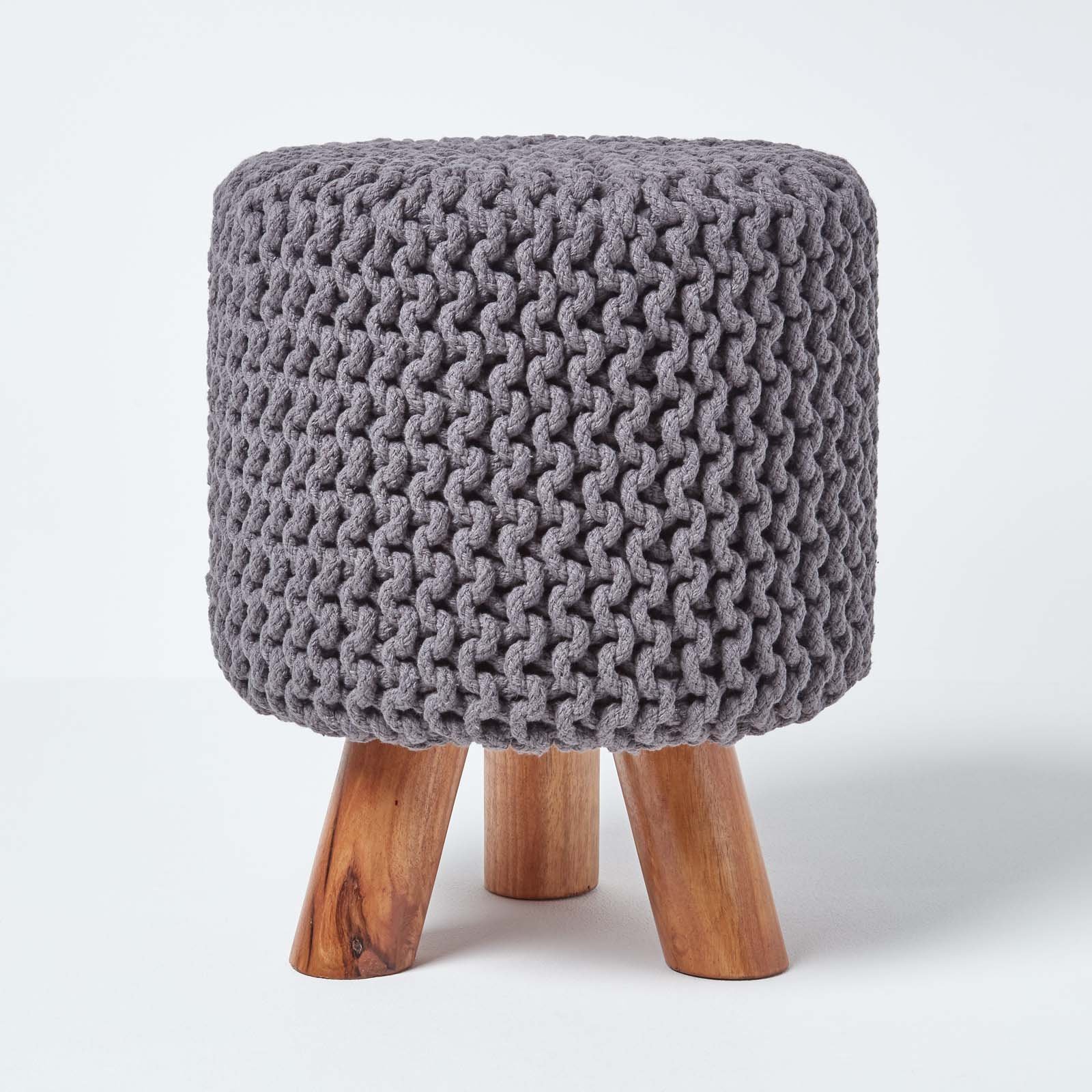 Homescapes Tall Cotton Knitted Footstool with Legs – Sea Grey
