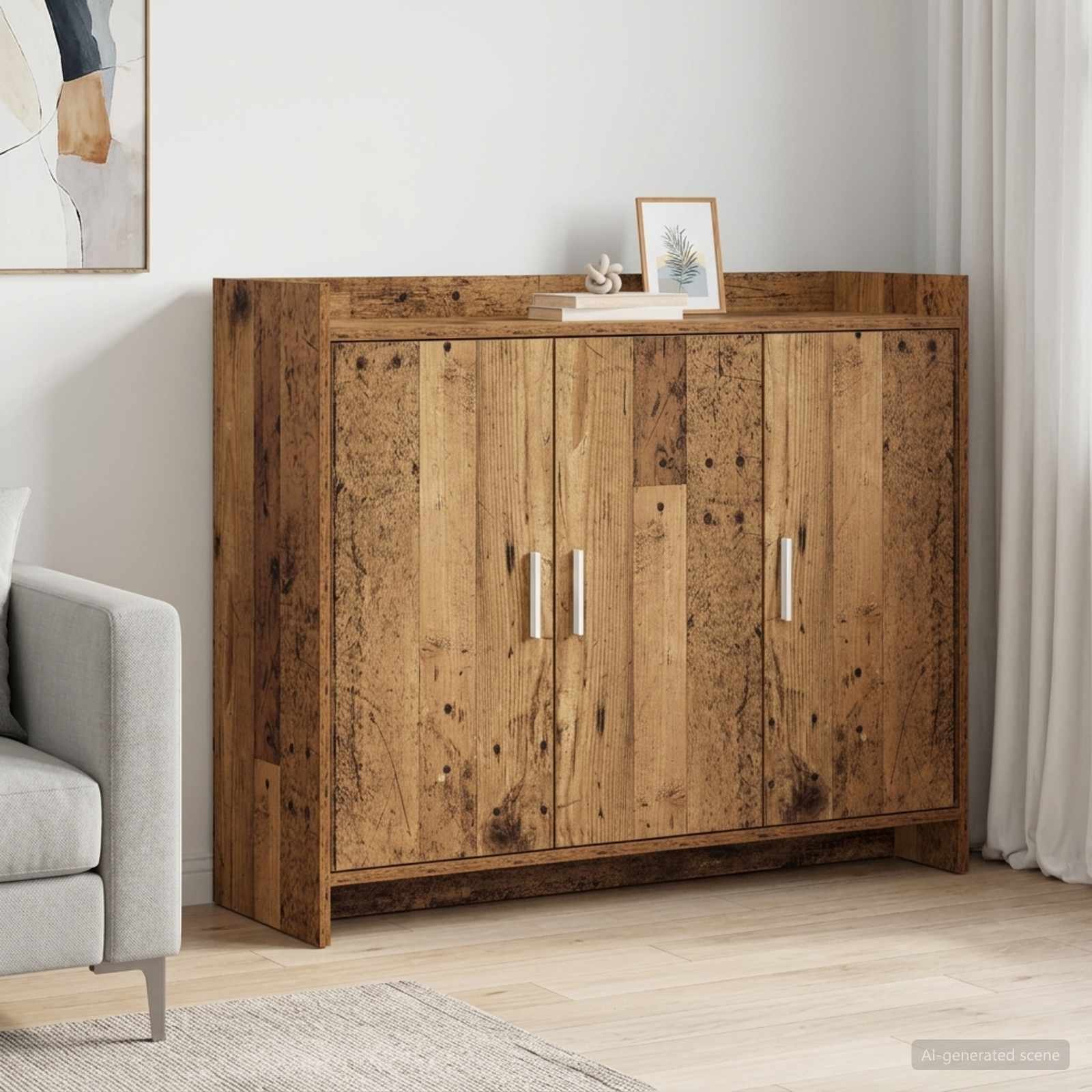 Walplus 3 Door Rectangular Sideboard - Old Wood - 98.5 x 33 x 80 cm