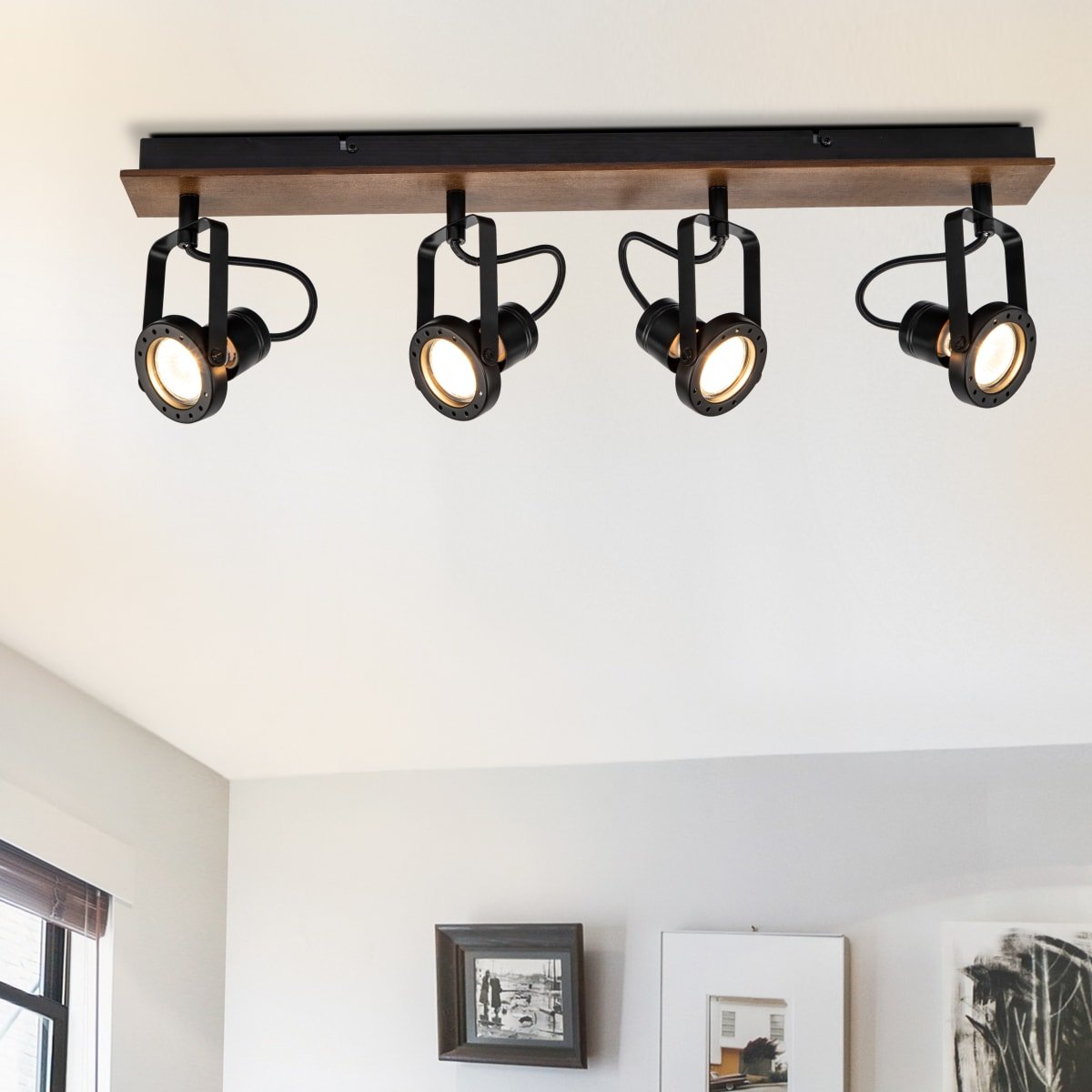 Cosylyte Riverton 4 Light Matt Black Spotlight with Walnut Wooden Backplate
