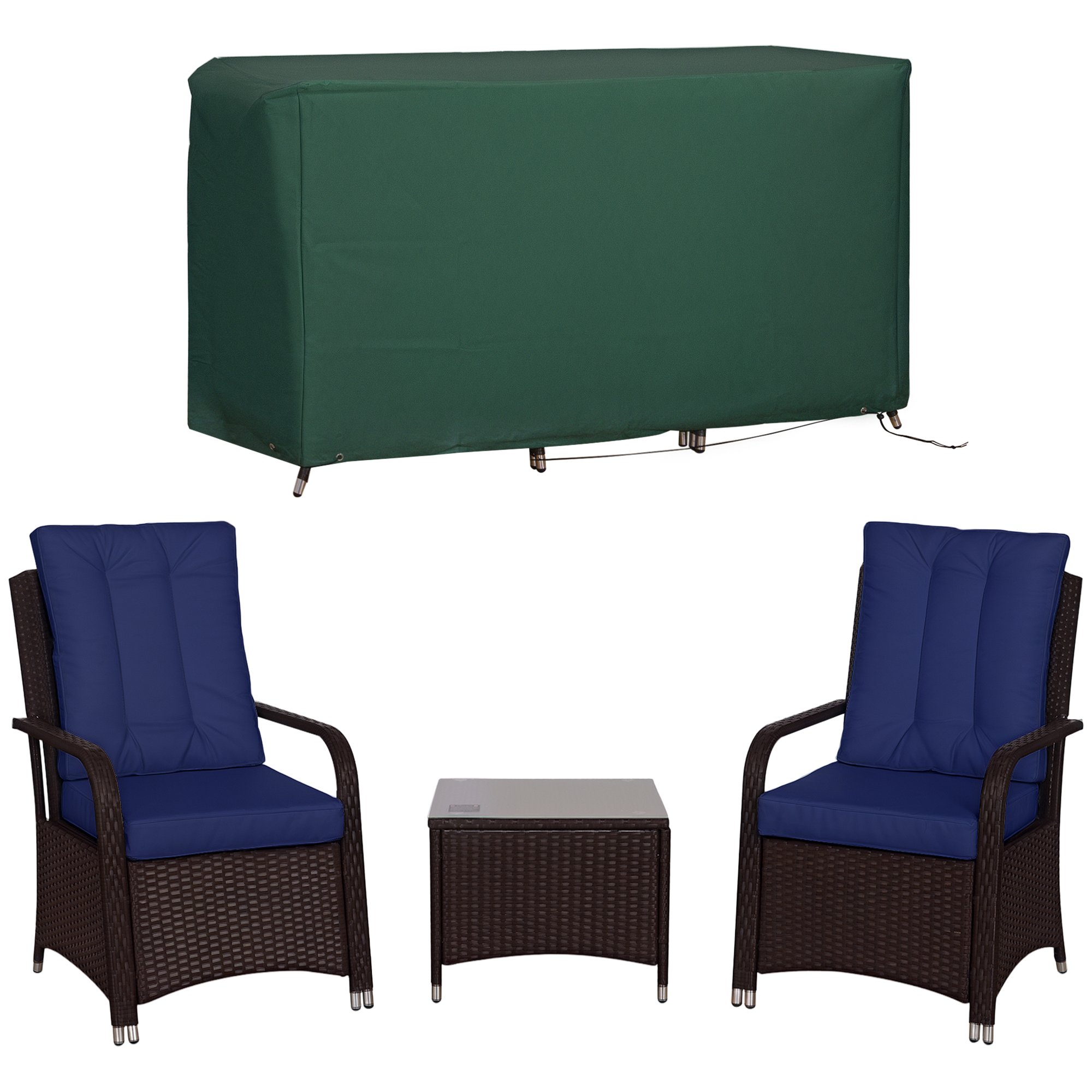 Outsunny 3 Piece Rattan Bistro Set Cover with Cover and Cushions - Dark Blue