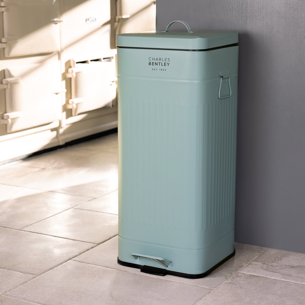 Charles Bentley 30L Steel Square Retro Kitchen Pedal Waste Bin - Green