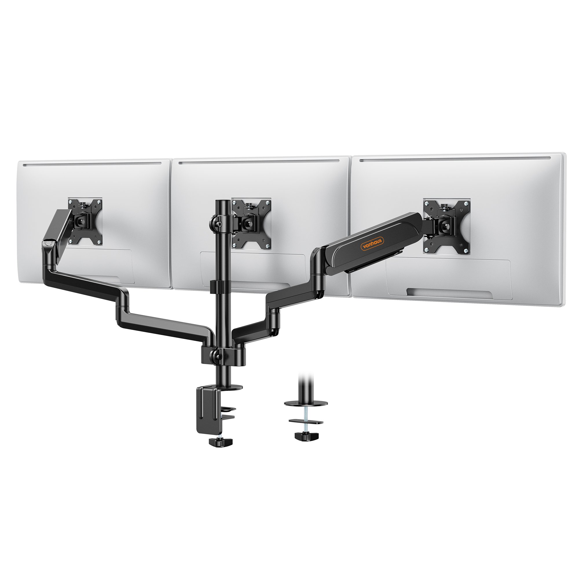 VonHaus 13-27in Triple Monitor Stand with Gas Spring and Desk Clamp – Black