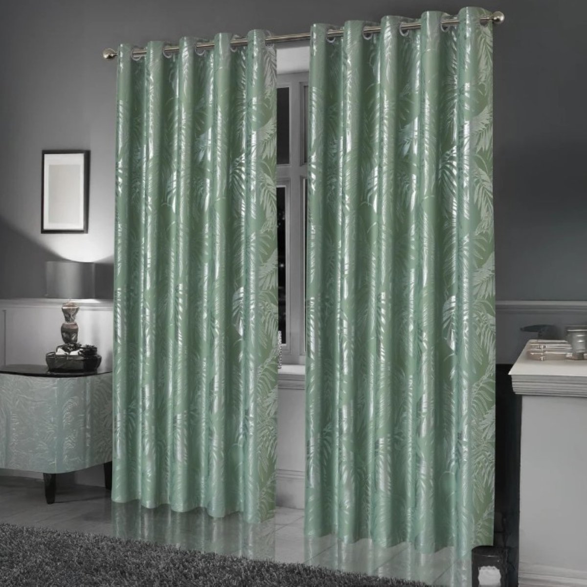 New Edge Blinds Sage Green Leaf Sparkle Blackout Eyelet Curtains - 167cm x 229cm