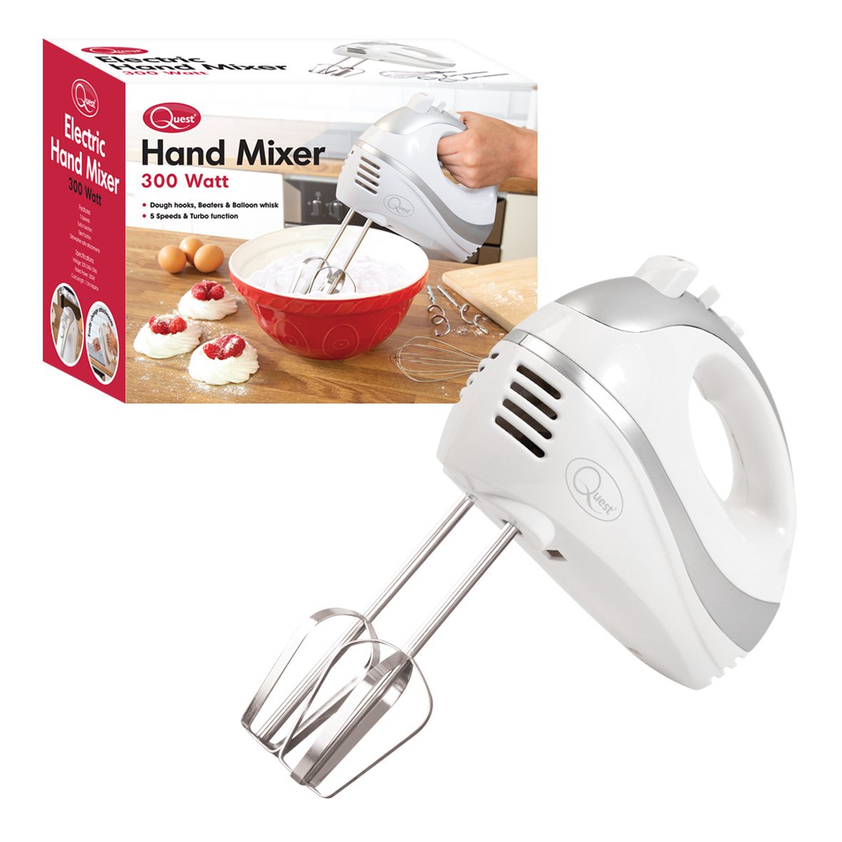 Quest Electric Hand Mixer 300W With 5 Speeds In Turbo  White.