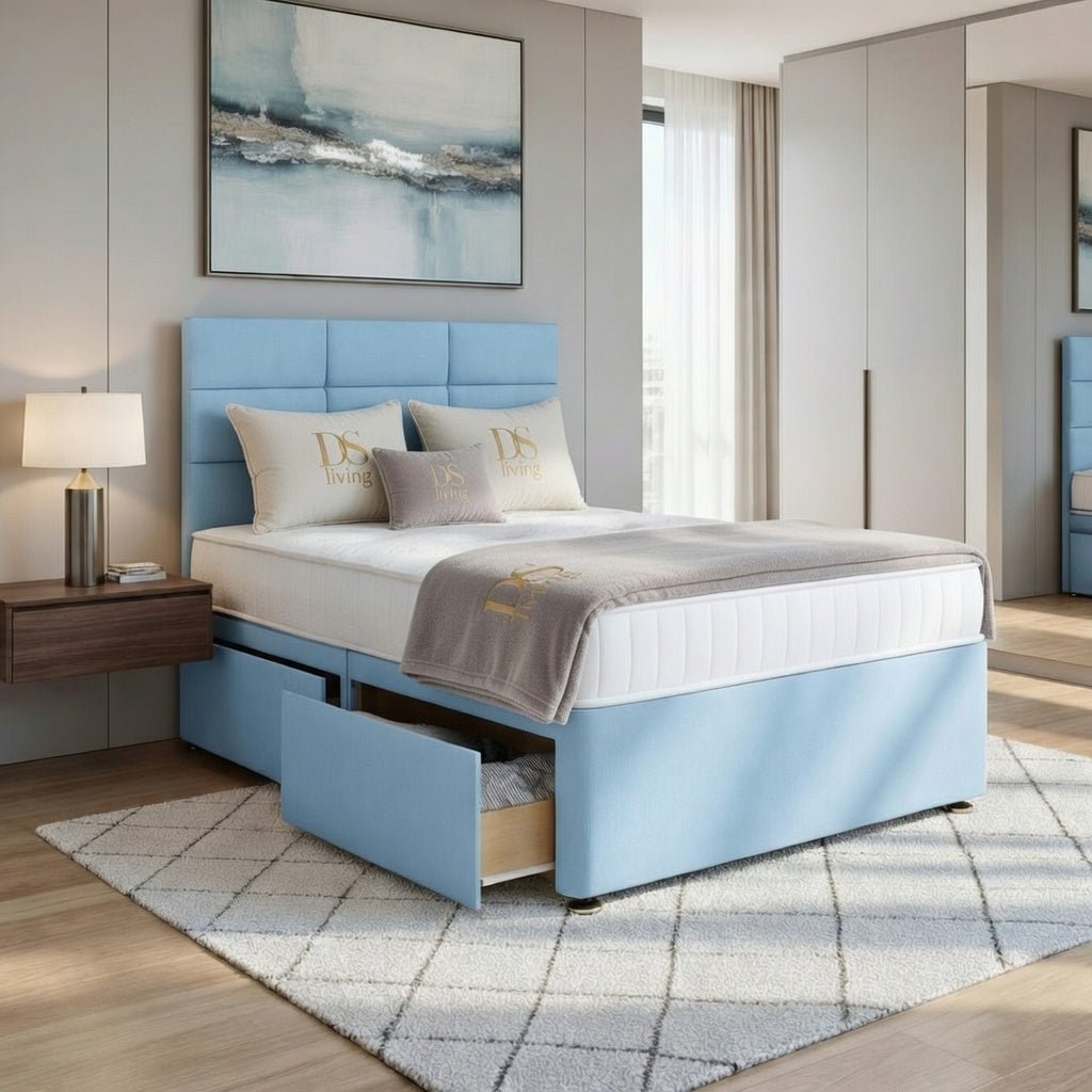 DS Living Opal King Size 4 Drawer Upholstered Divan Bed Frame - Sky Blue