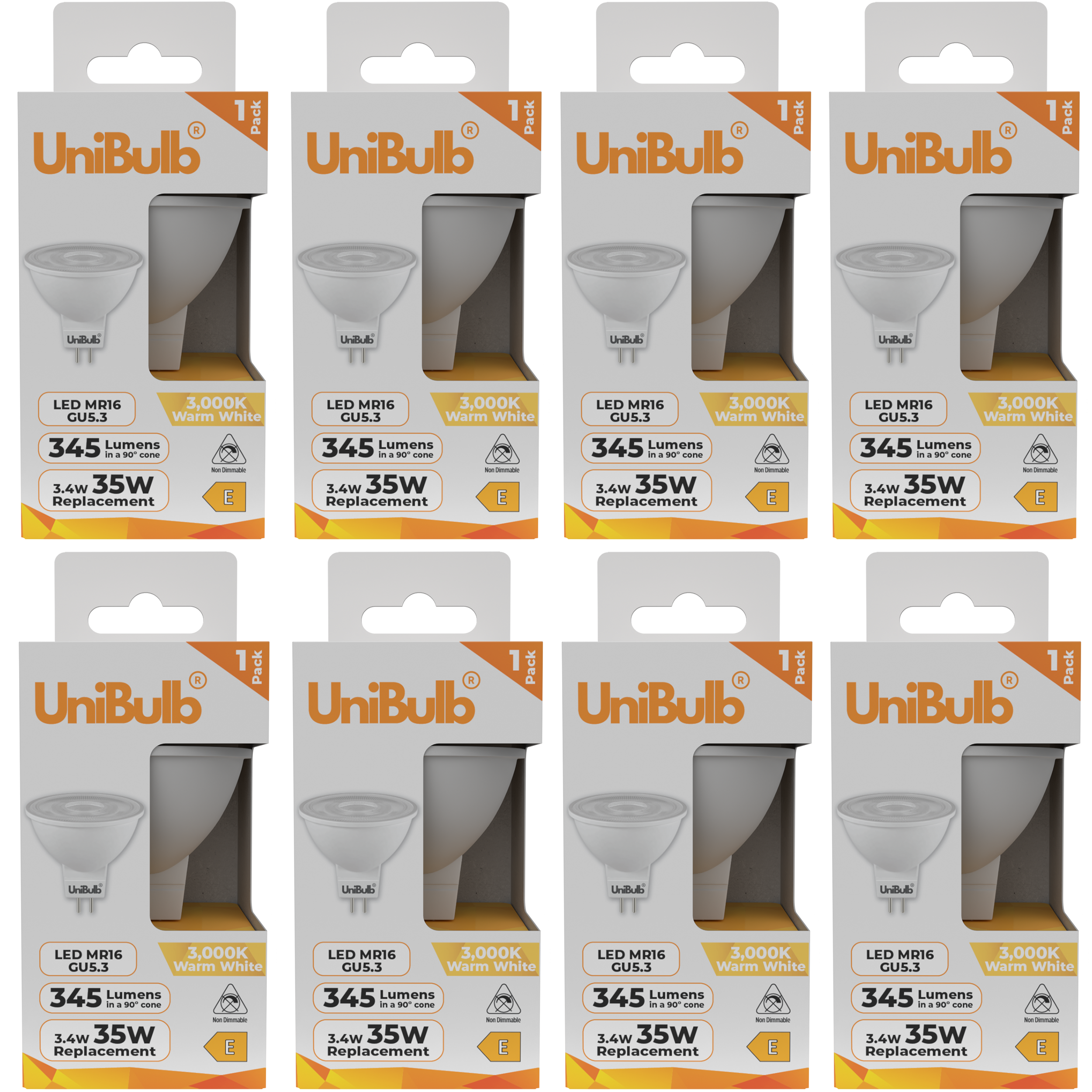UniBulb 3.4W LED Warm White Spotlight GU5.3 Light Bulb - Pack of 8