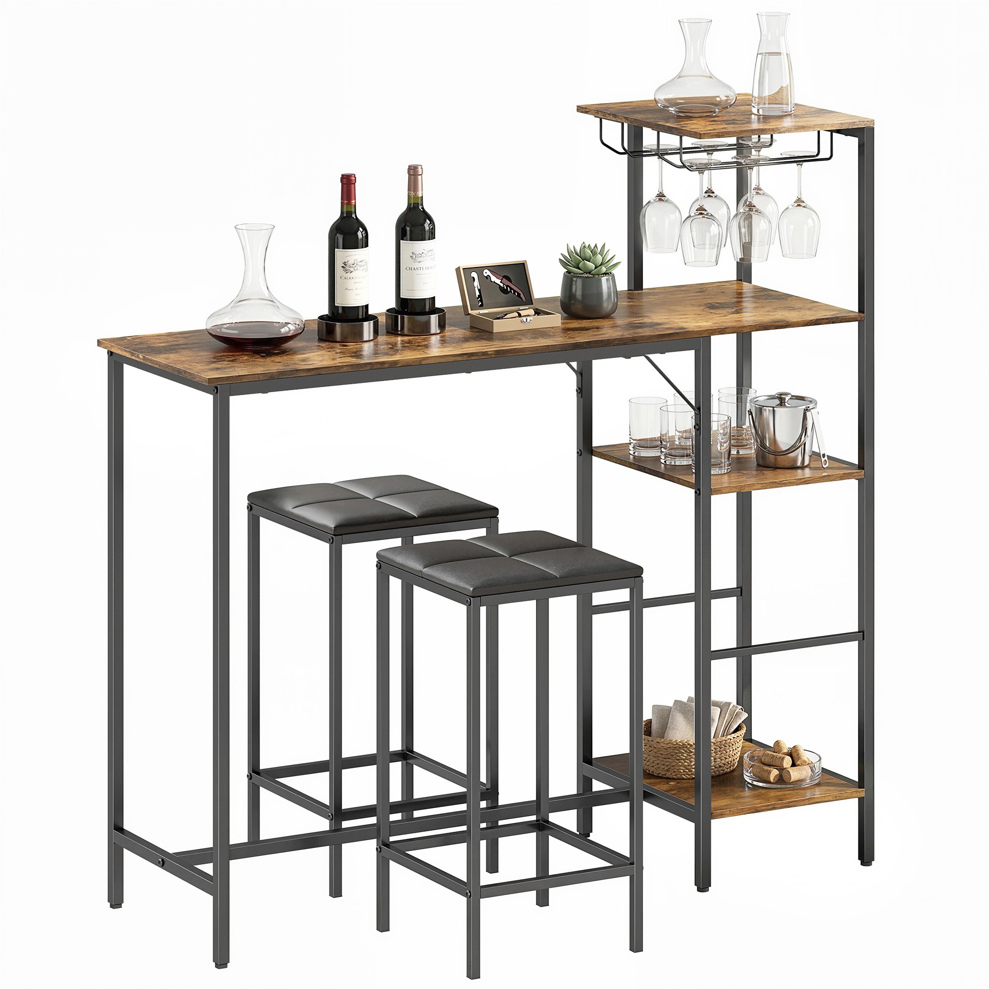 HOMCOM 3 Piece Bar Table and Stools with Glasses Holders - Rustic Brown