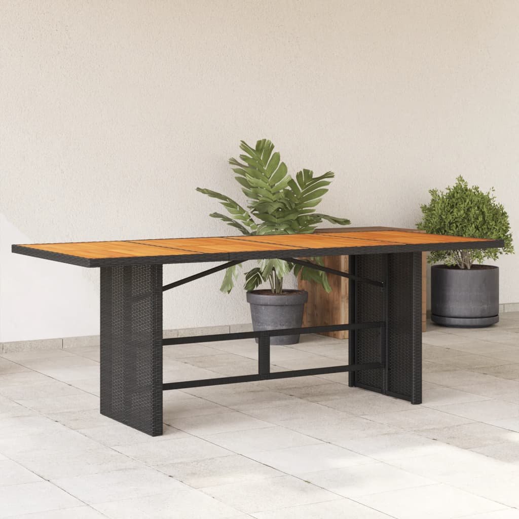 Walplus Poly Rattan Garden Table with Acacia Top - Black - 190 x 80 x 75 cm