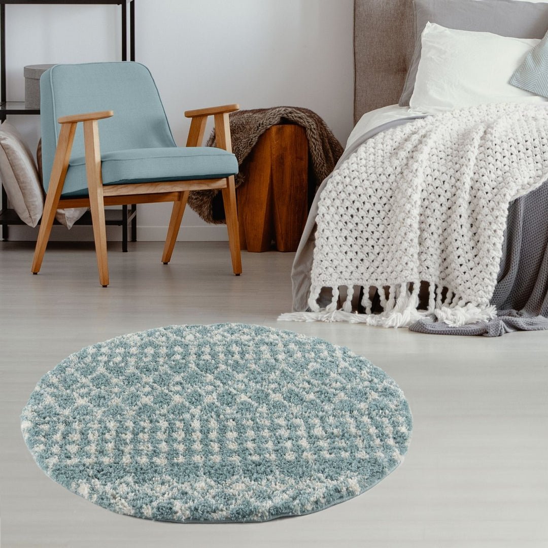 The Rugs Duck Egg Blue Moroccan Shaggy Tribal Round Rug - 120cm