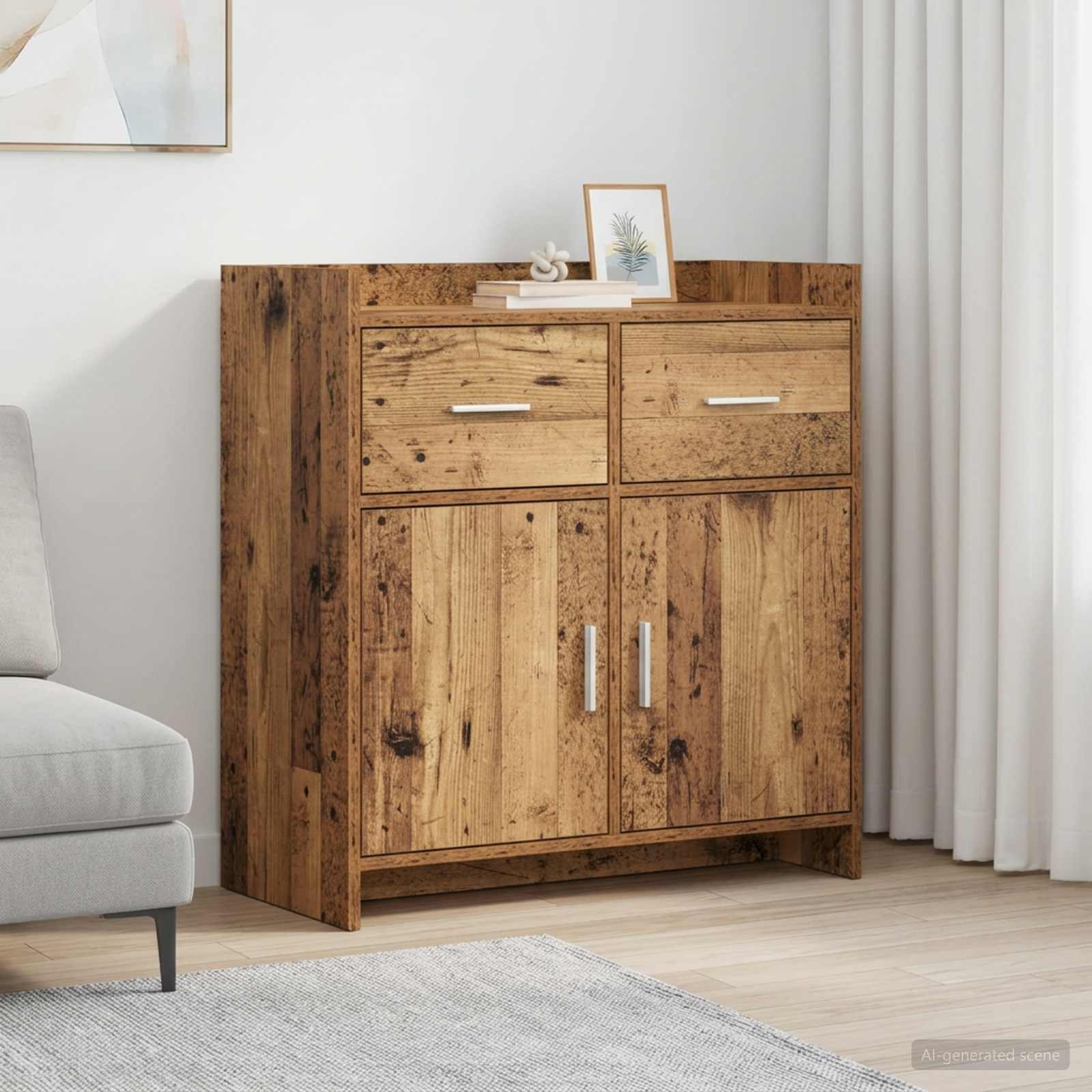 Walplus 2 Drawer Rectangular Sideboard - Old Wood - 75 x 36 x 80 cm