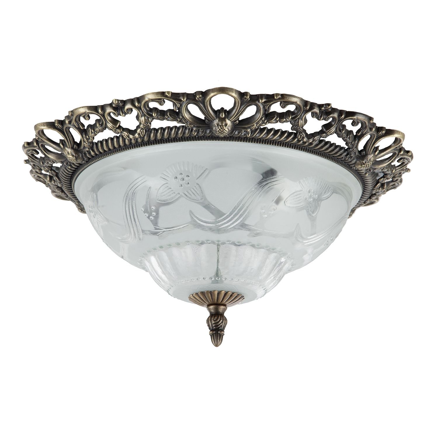 Happy Homewares Antique Brass and Floral Glass Flush Ceiling Light - 33cm
