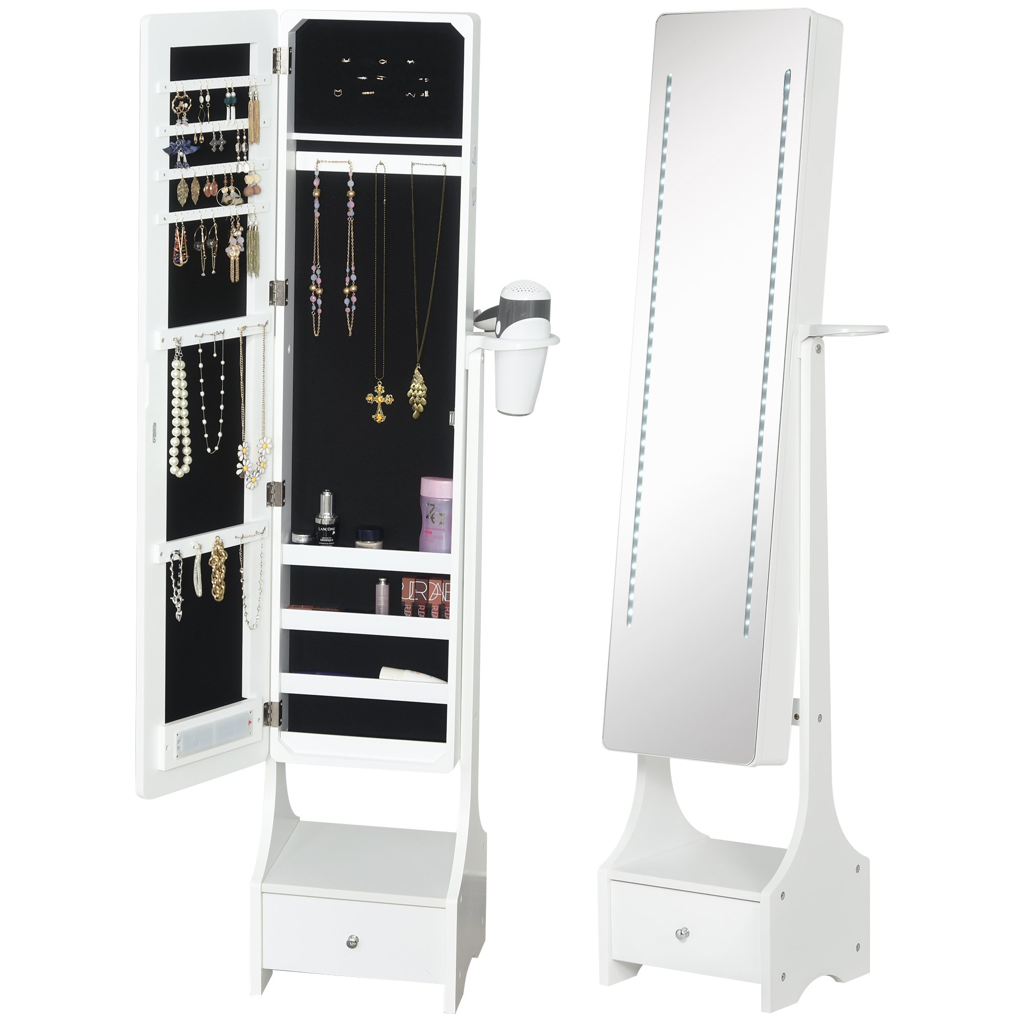 HOMCOM Jewellery Cabinet with Storage and LED Lights - White