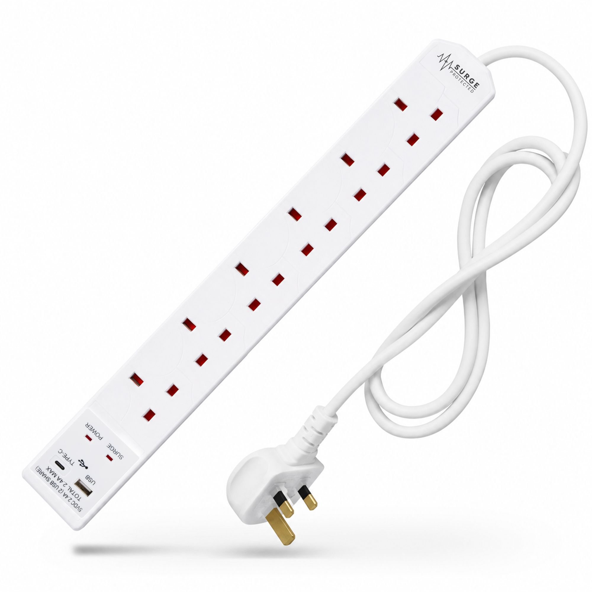Desiretech 6 Gang Surge Protected USB Extension Lead - 3 Metre - White