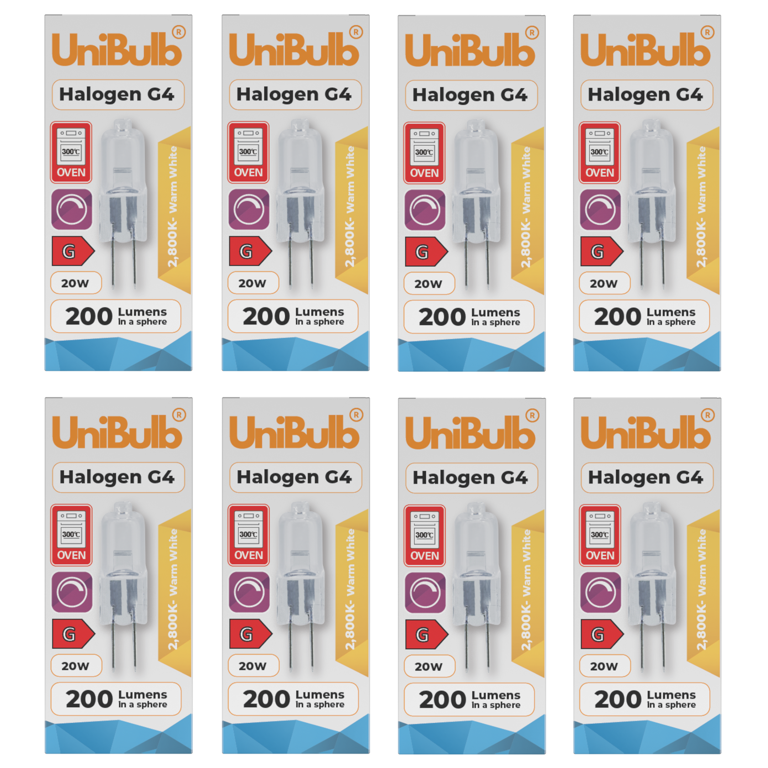 UniBulb 20W Halogen Dimmable Capsule G4 Light Bulb - Pack of 8