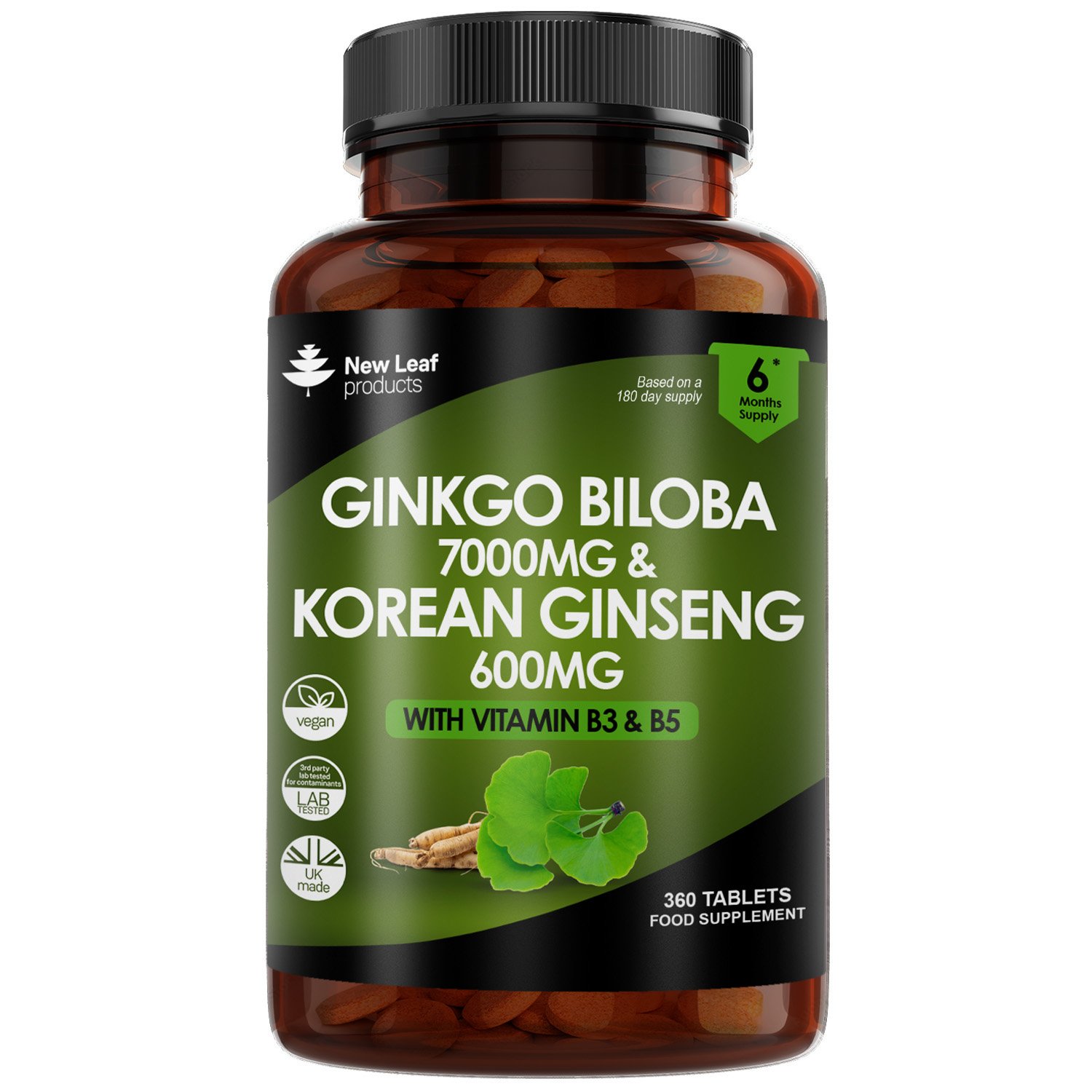 New Leaf Ginkgo Biloba 7000mg Korean Ginseng 600mg With Vitamins - 360 Tablets