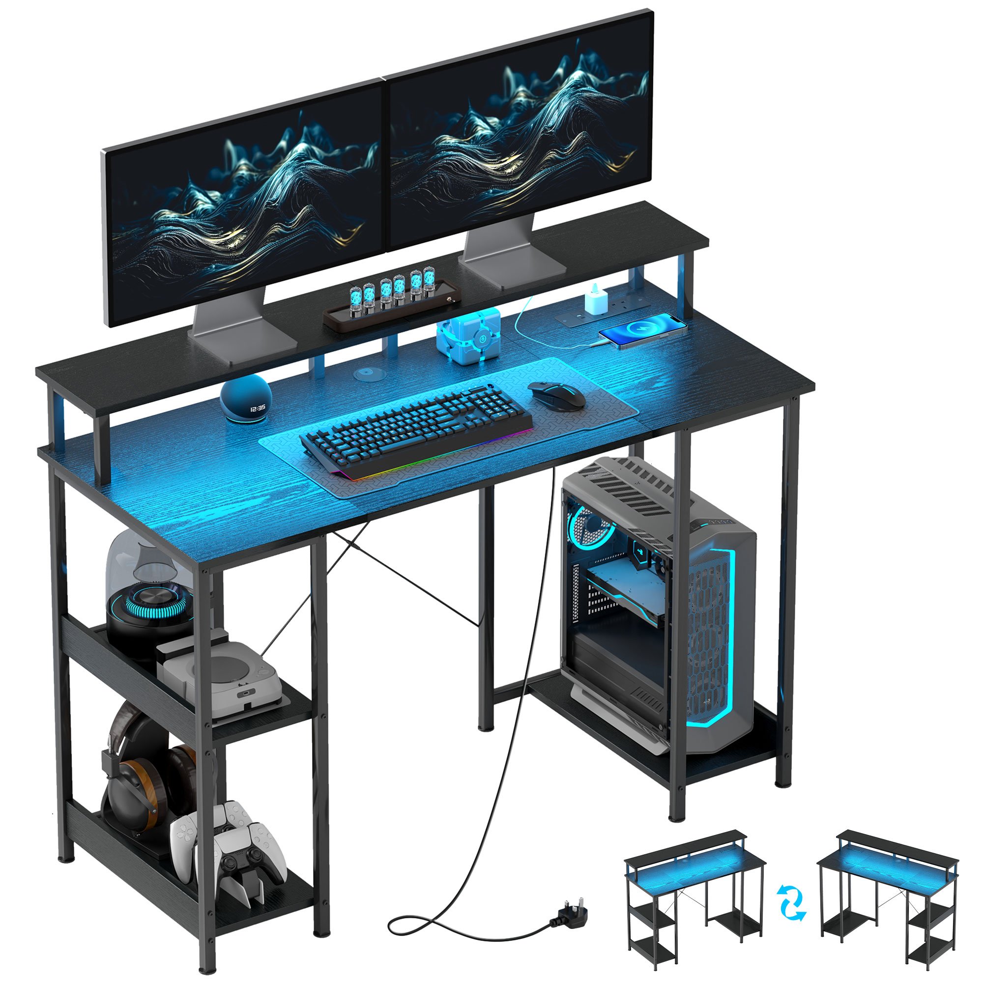 HOMCOM Reversible Computer Desk with Power Outlets - Black