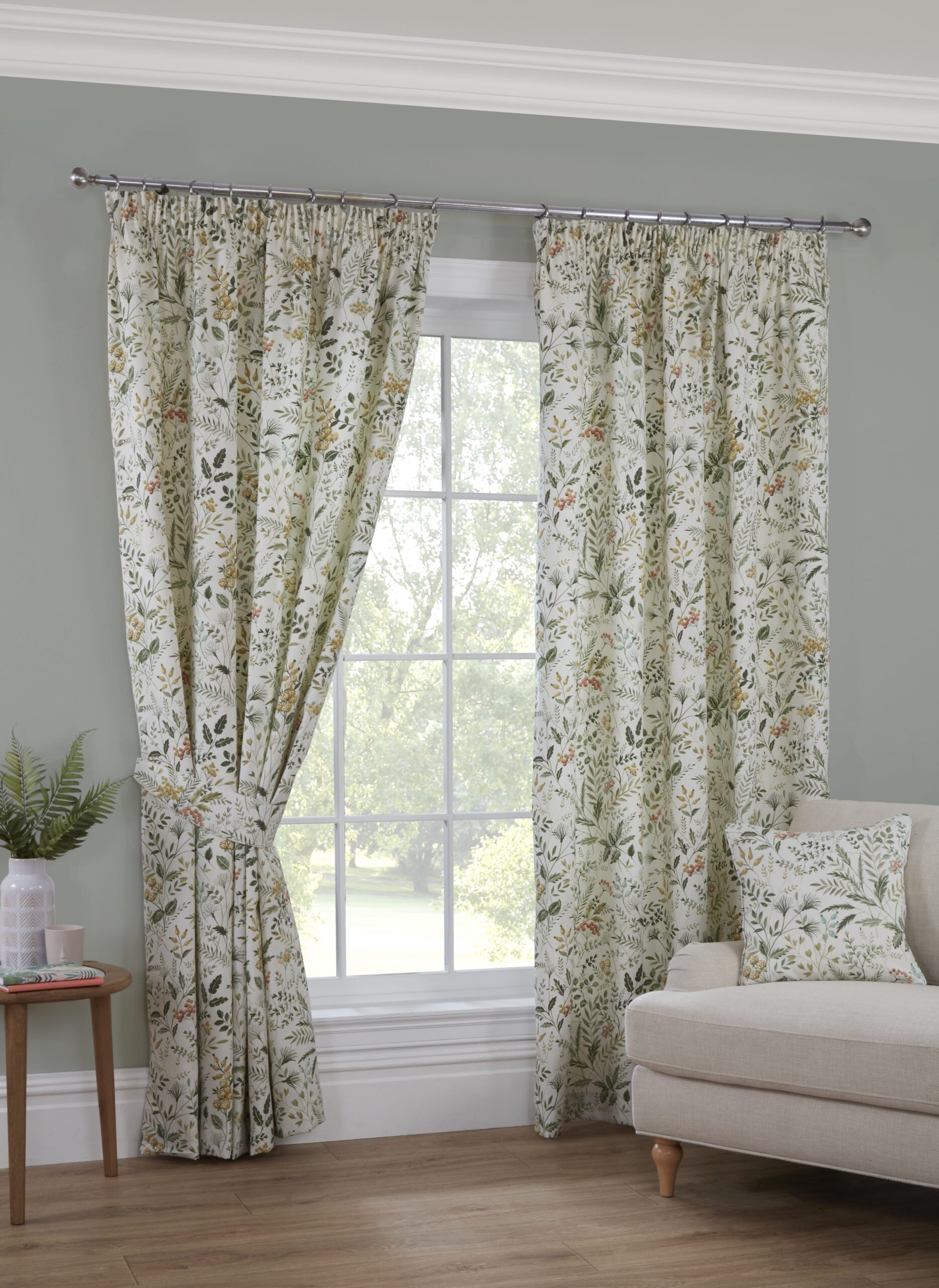 Sundour Cleo Fully Lined Floral Pencil Pleat Curtains - 168cm x 183cm - Willow