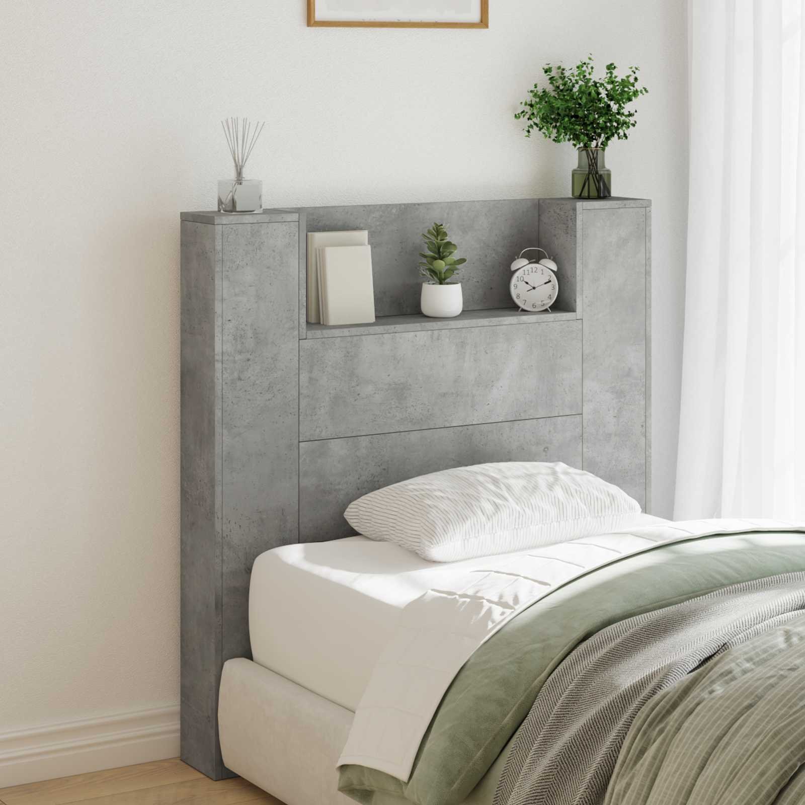 Walplus Wood LED Storage Headboard - Granite Grey - 100 x 16.5 x 103.5 cm
