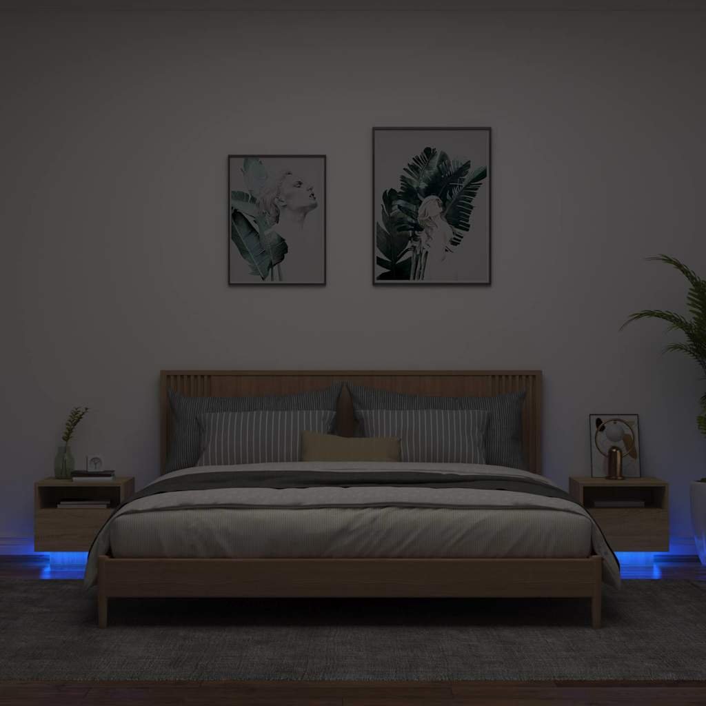 Walplus Pack of 2 LED Bedside Cabinet - Light Oak - 40 x 39 x 37 cm