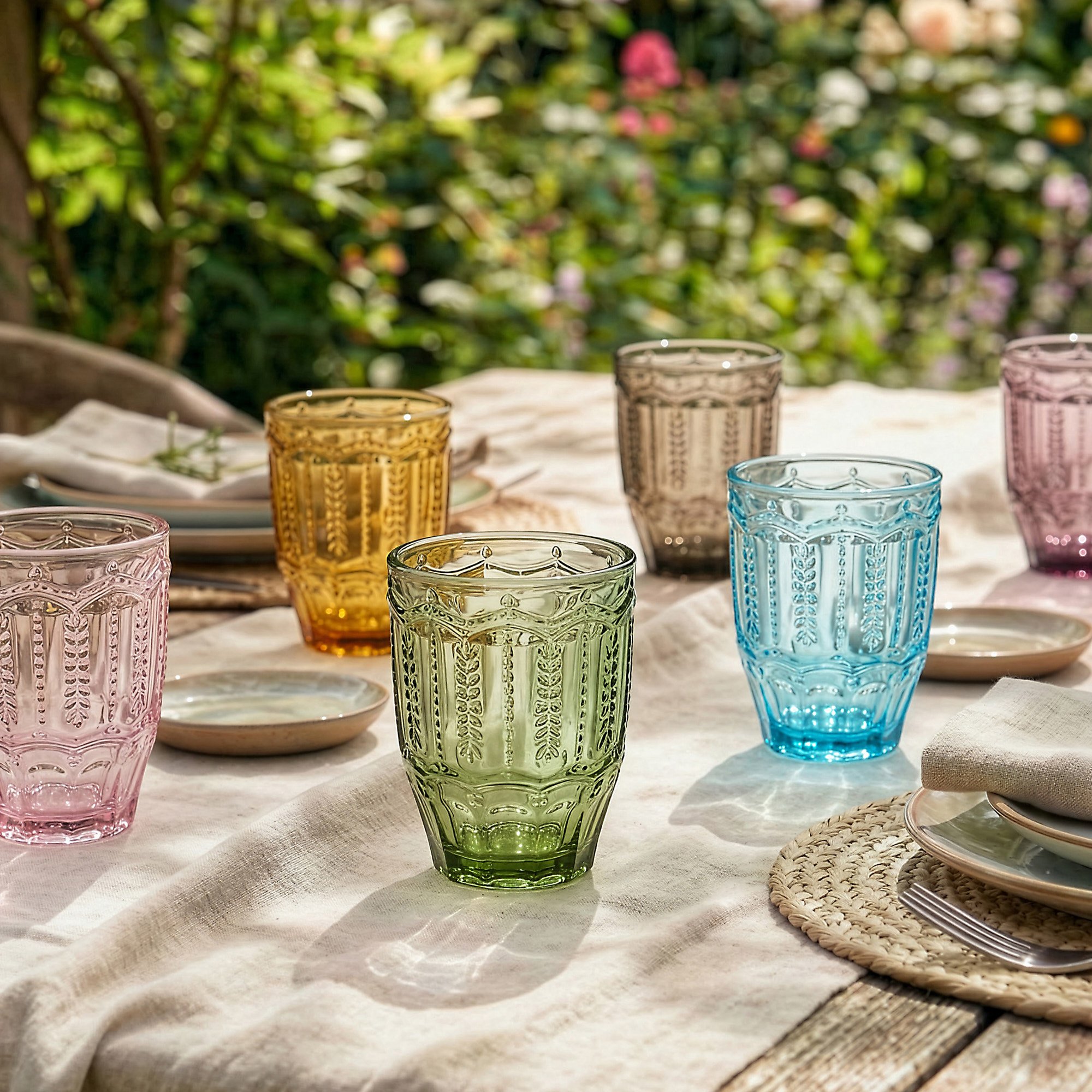 Set Of 6 Colourful Spring Summer Embossed Drinking Glass Tumblers 340ml