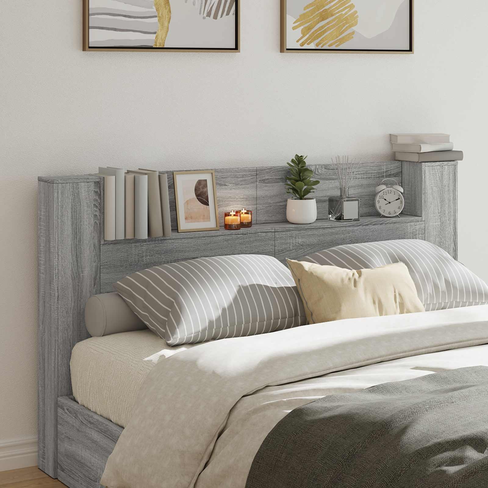 Walplus Wood LED Headboard Cabinet - Grey and Oak - 180 x 16.5 x 103.5 cm