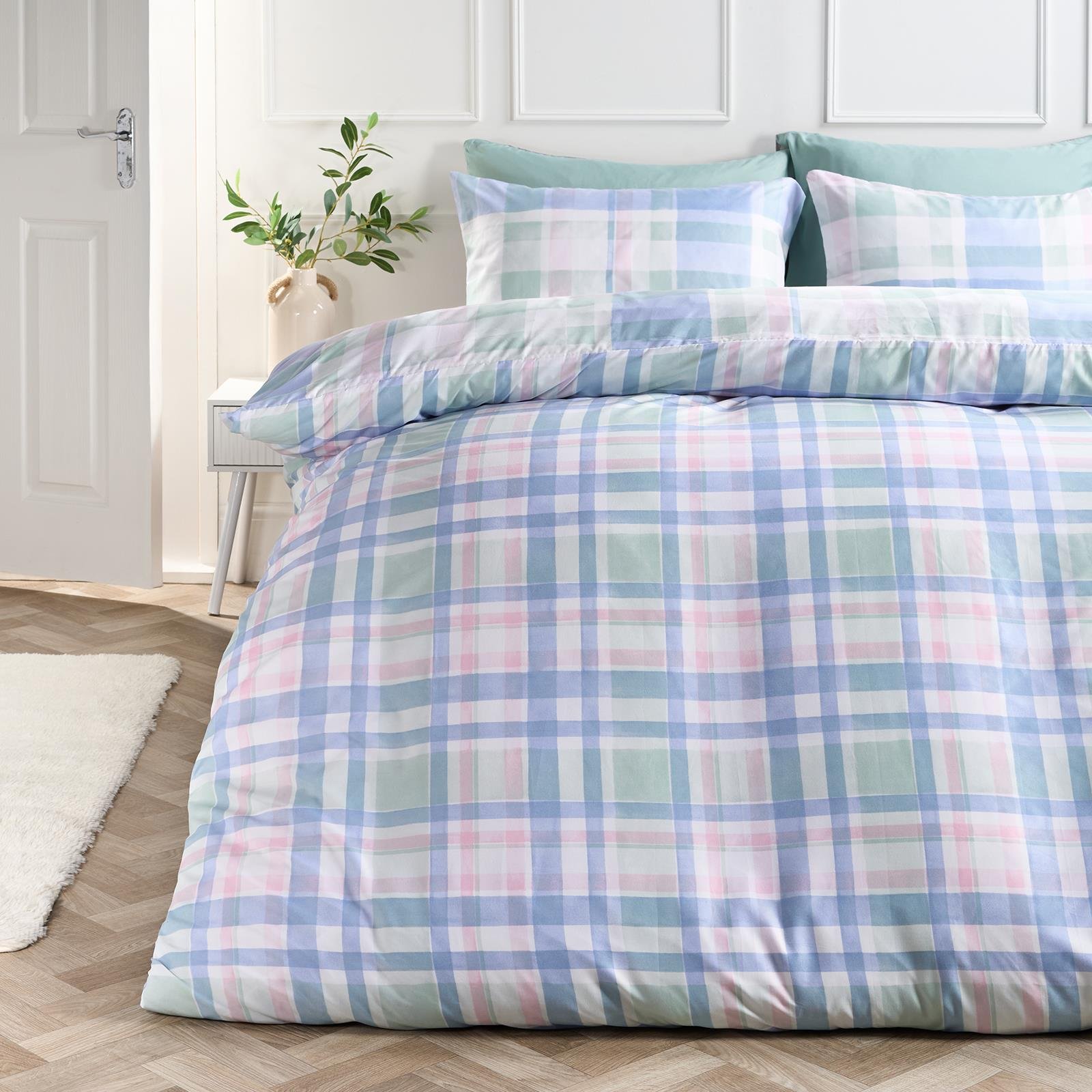 OHS Watercolour Check Duvet Cover Set Blue - Double