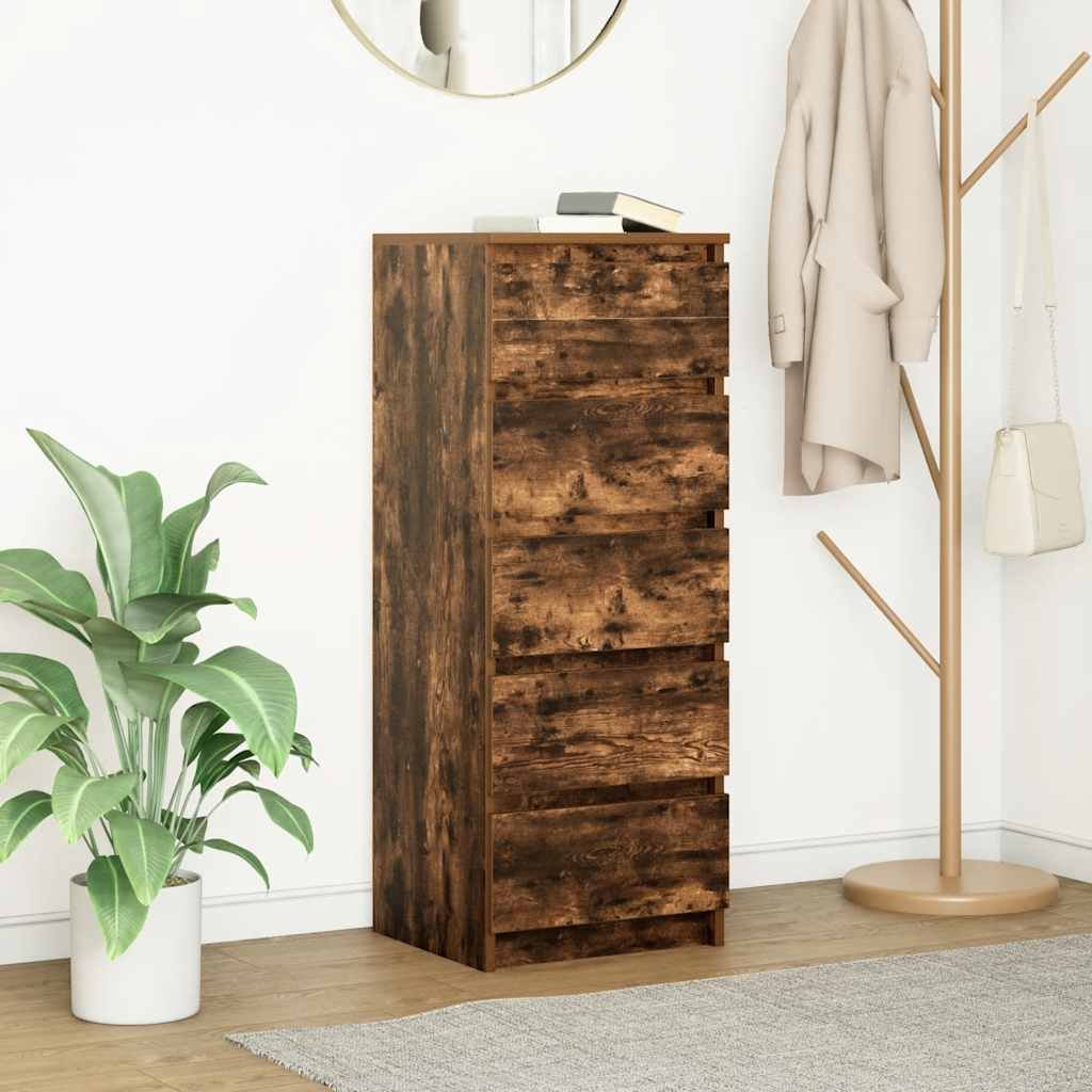 Walplus 5 Drawer Engineered Wood Sideboard - Smoked Oak - 37.5 x 35 x 99 cm