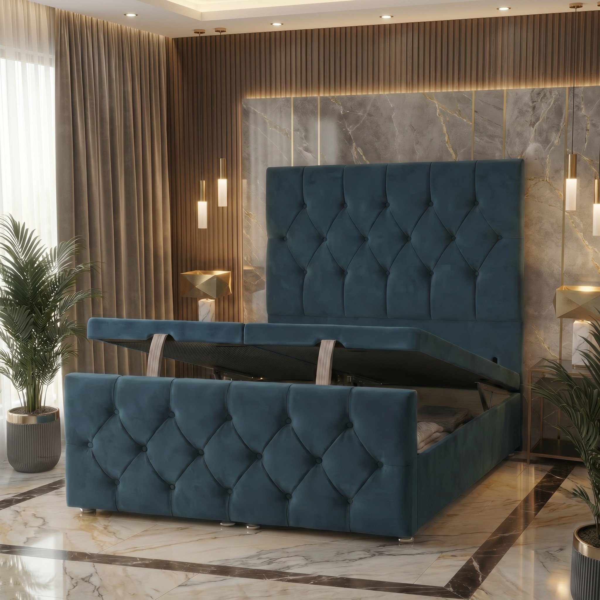 Somnior Chester Velvet Small Single Ottoman Divan Bed with Footboard - Navy