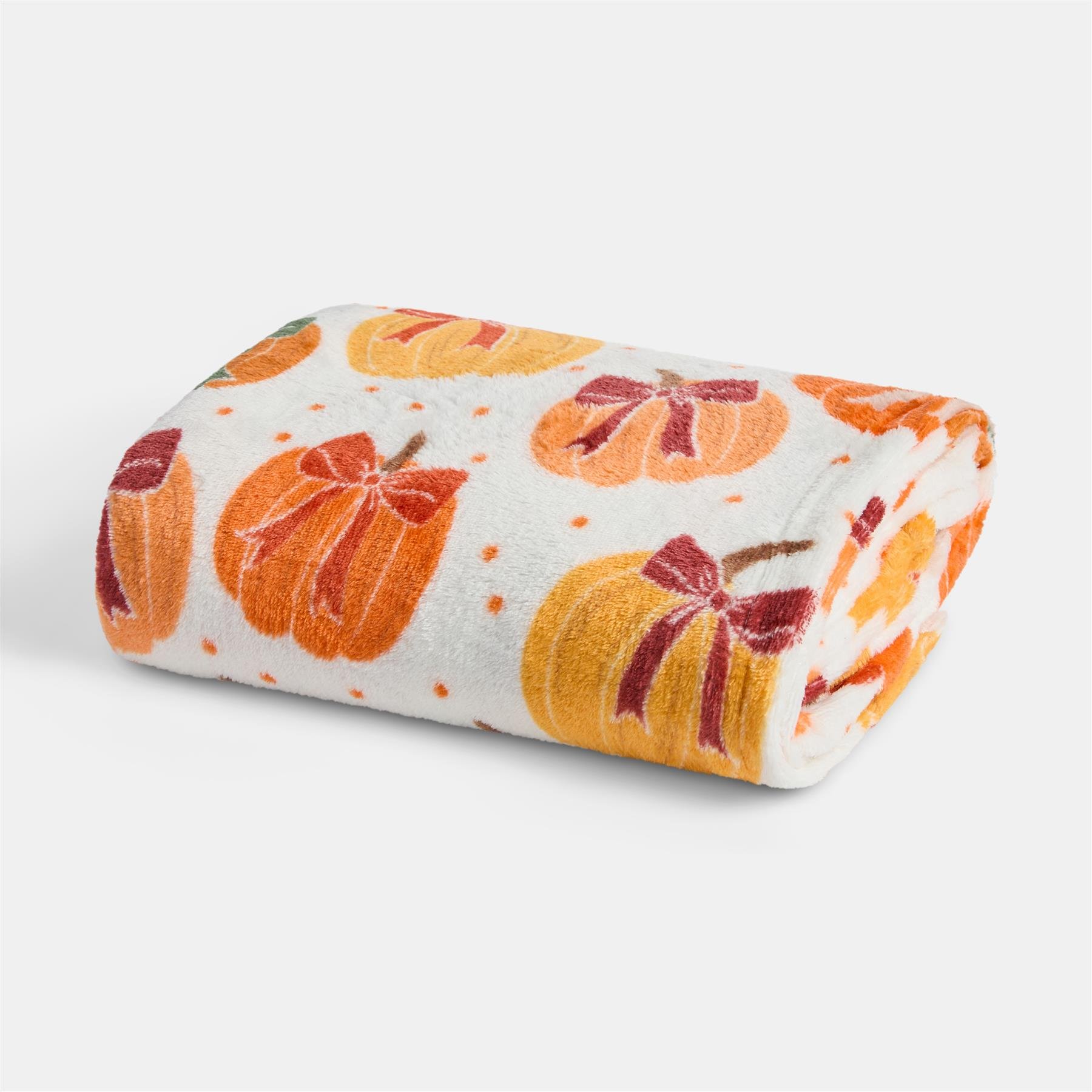 OHS Bow & Pumpkin Flannel Fleece Throw Blanket - 125 x 150cm - Cream