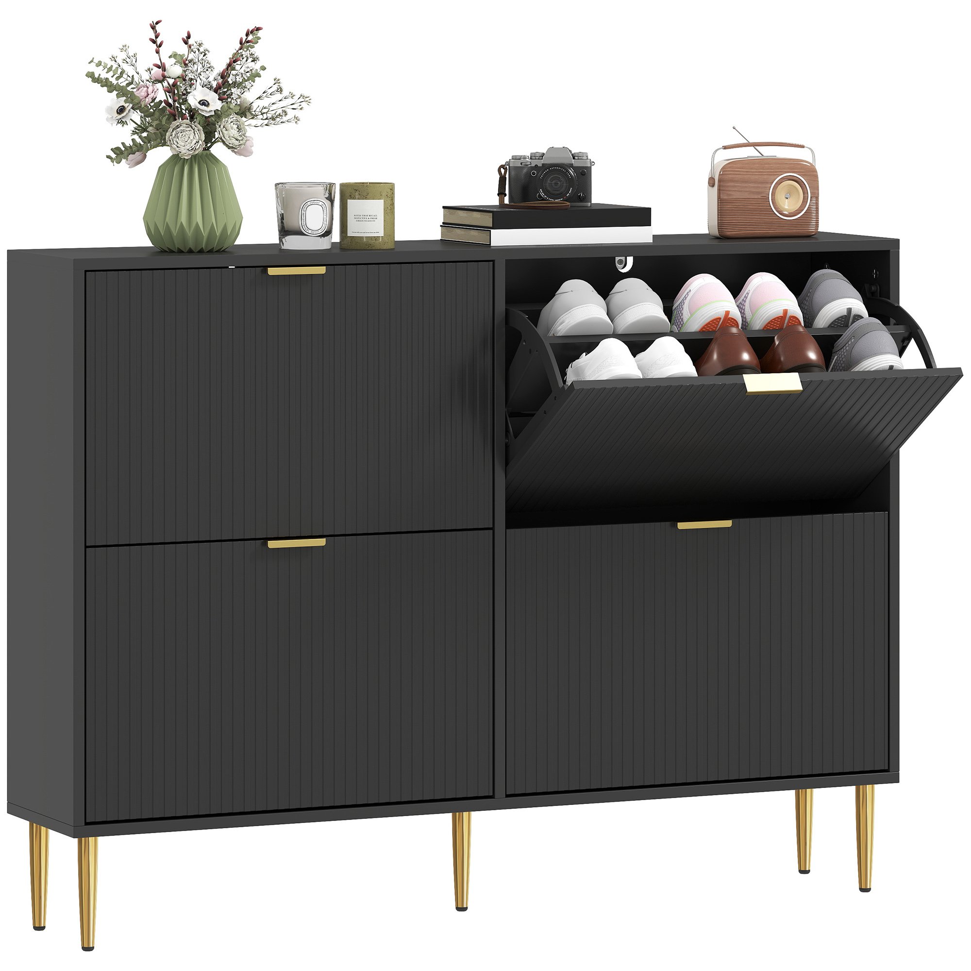 HOMCOM Fluted Shoe Cabinet with 4 Flip Drawers - Black