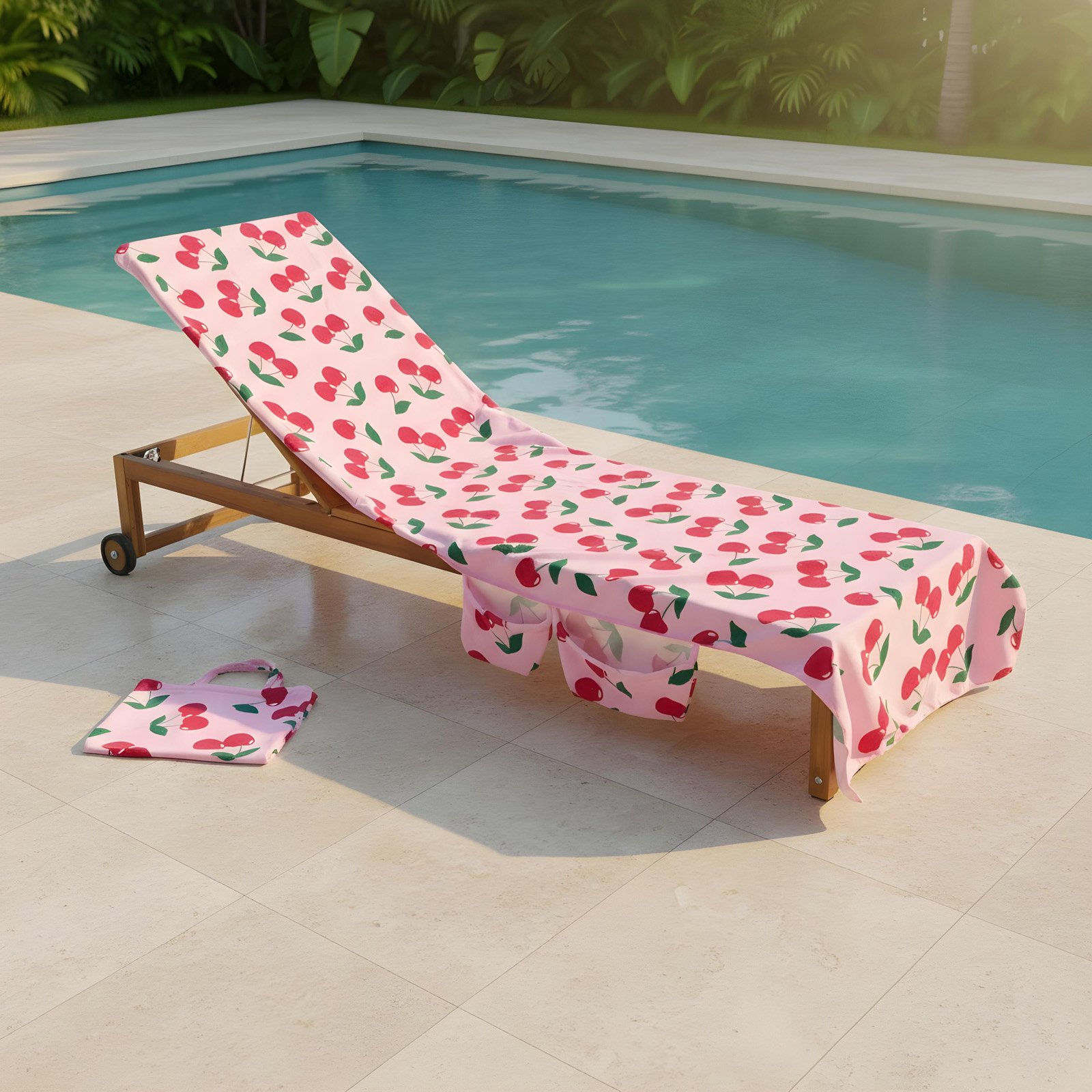 OHS Cherry Prints Microfibre Beach Towel in a Bag - Pink