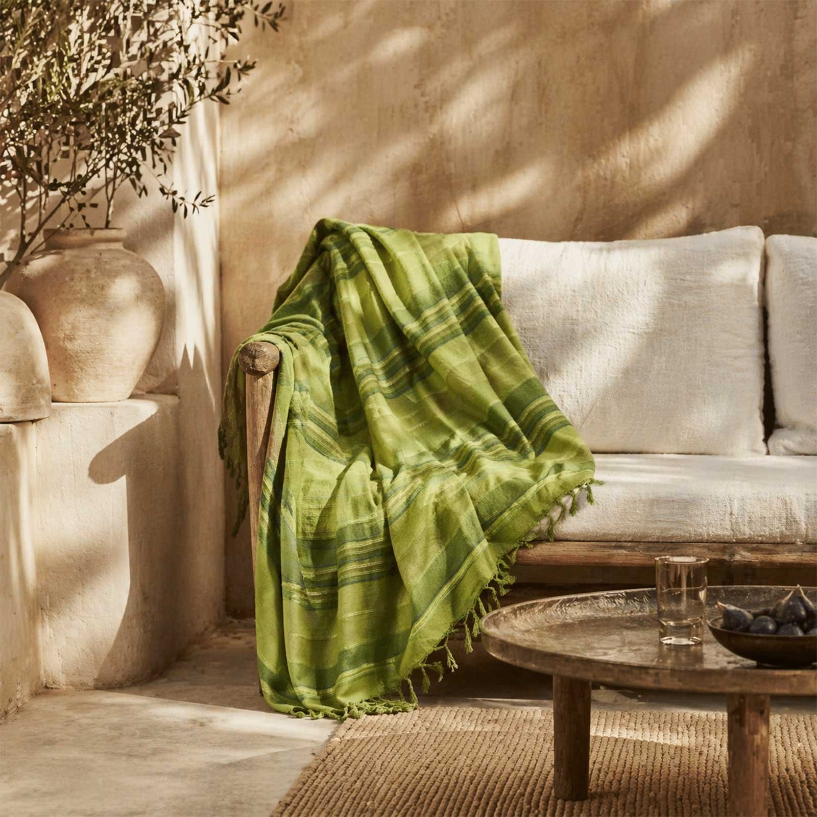 Homescapes Cotton Morocco Striped Throw - 255 x 360 cm - Green