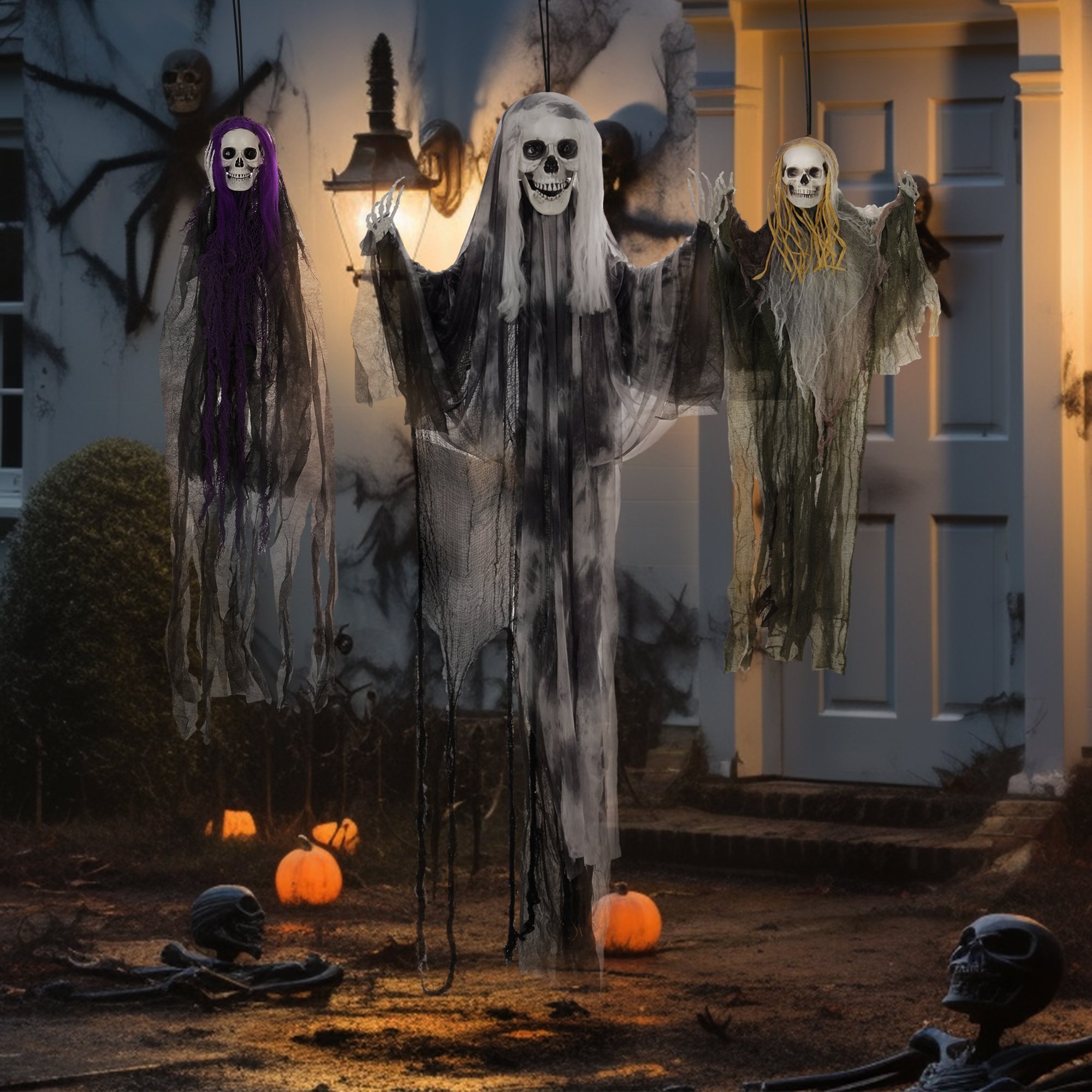 HOMCOM Set of 3 Halloween Scary Flying Ghost Decoration