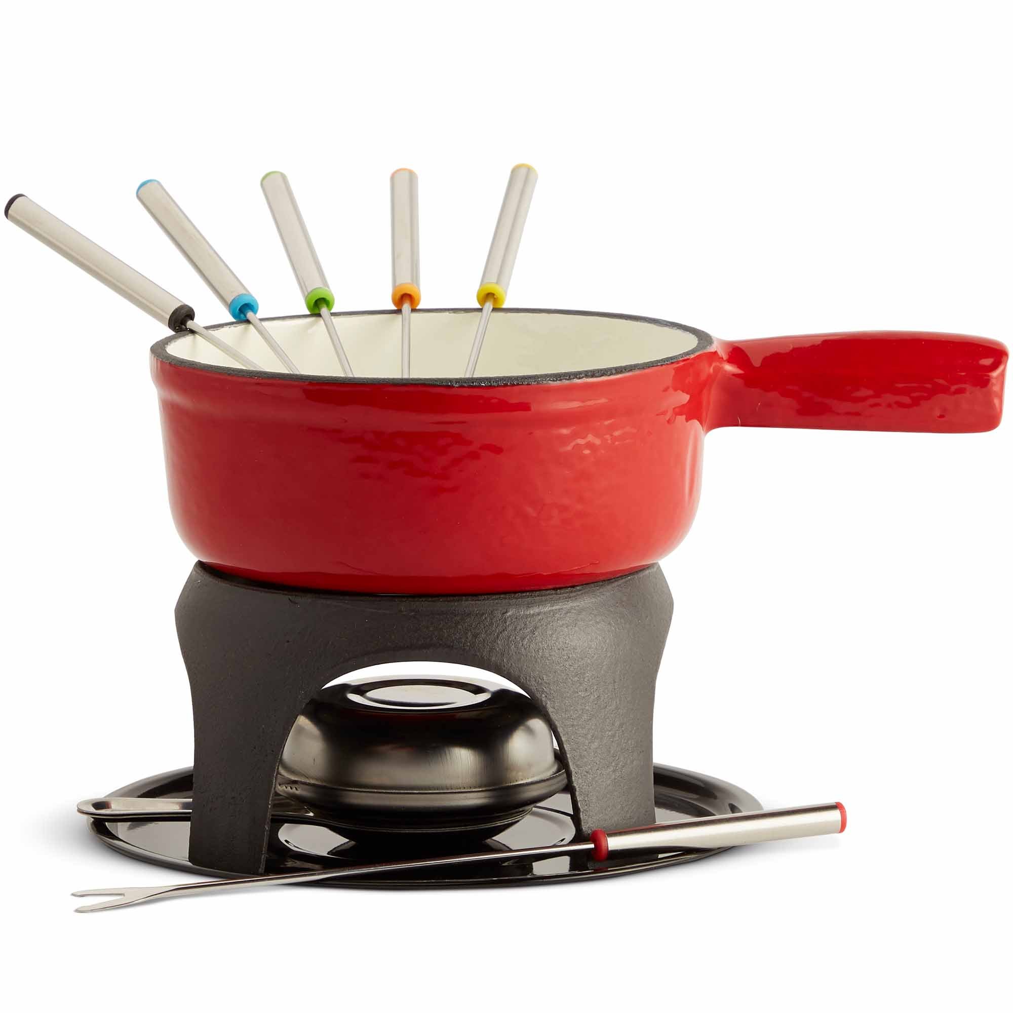 VonShef 6 Forks Cast Iron Swiss Fondue Set - Red
