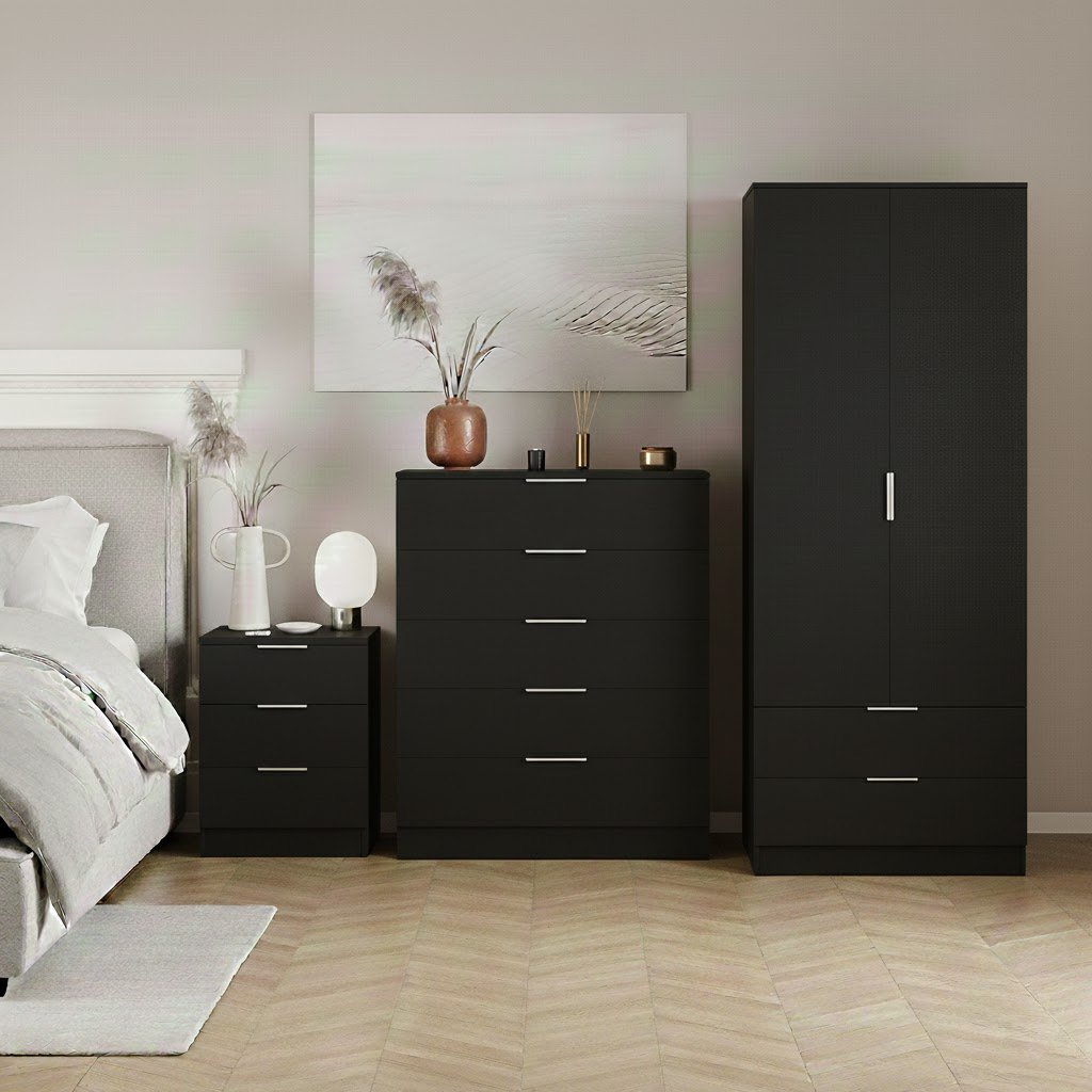 Vida Designs Trega Bedroom Set (Bedside, 5 Drawer Chest, 2x2 Wardrobe) - Black