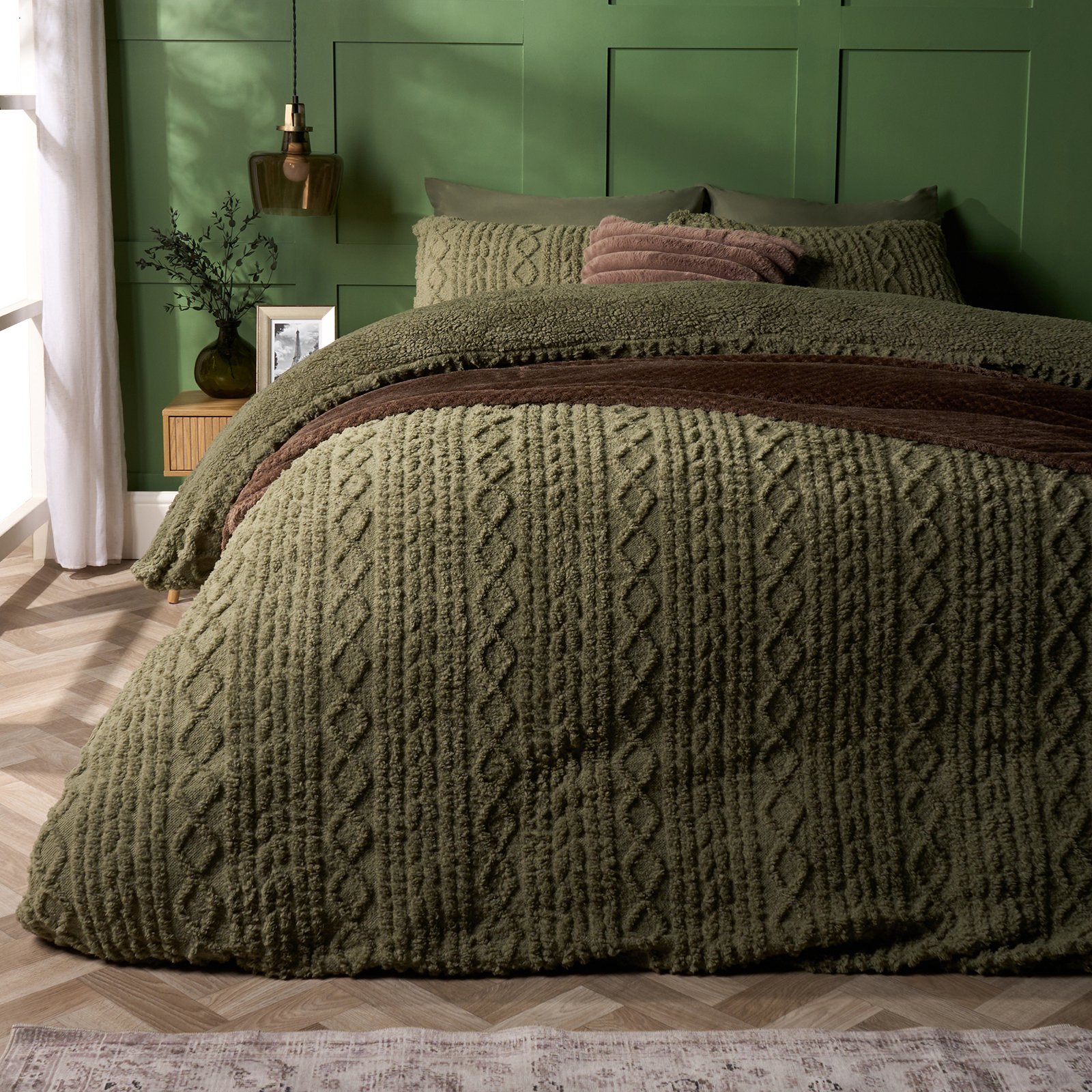 OHS Cable Knit Fleece Duvet Cover Set Bedding Green - Double