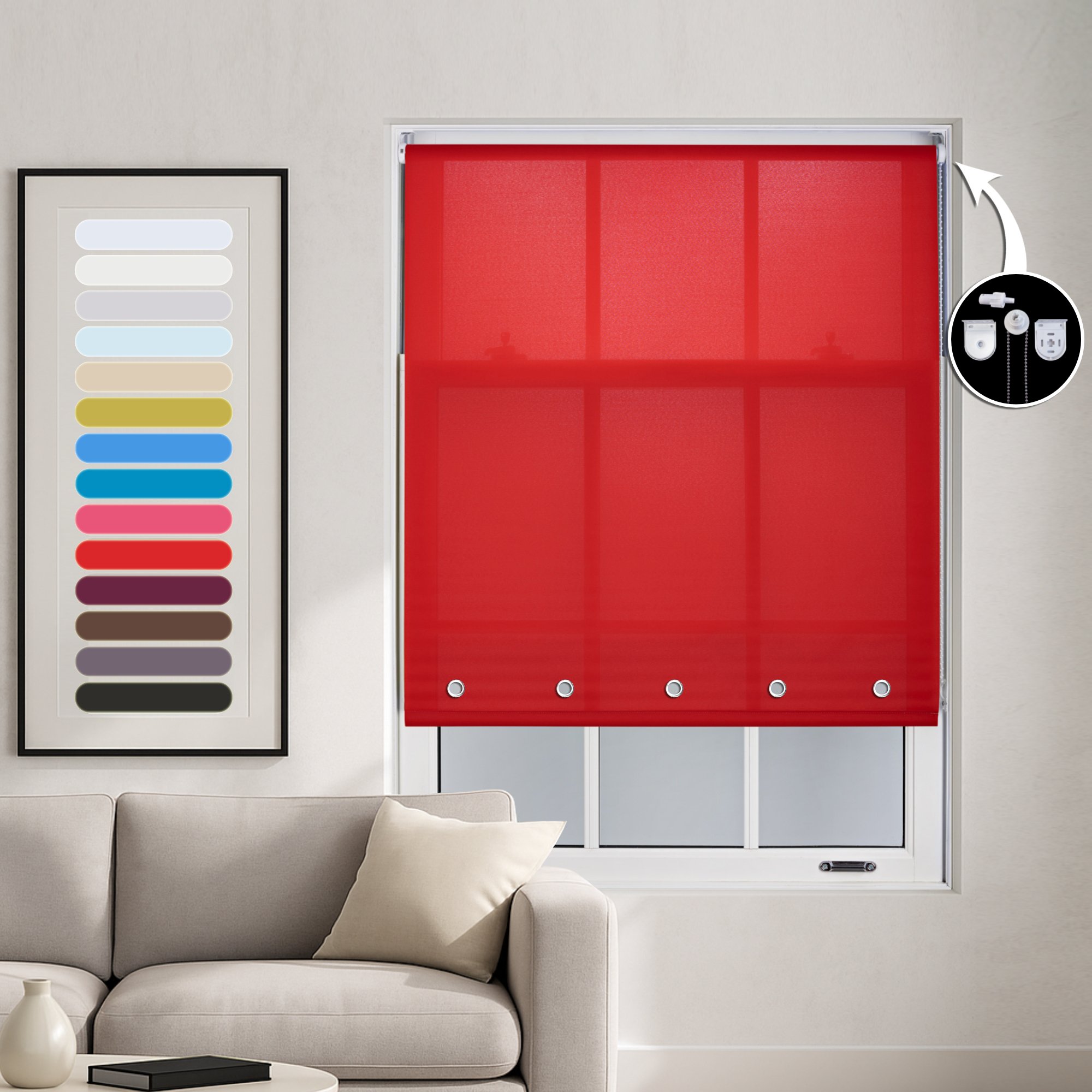 Furnished Red Daylight Roller Blind witth Round Eyelets - 90cm x 165cm