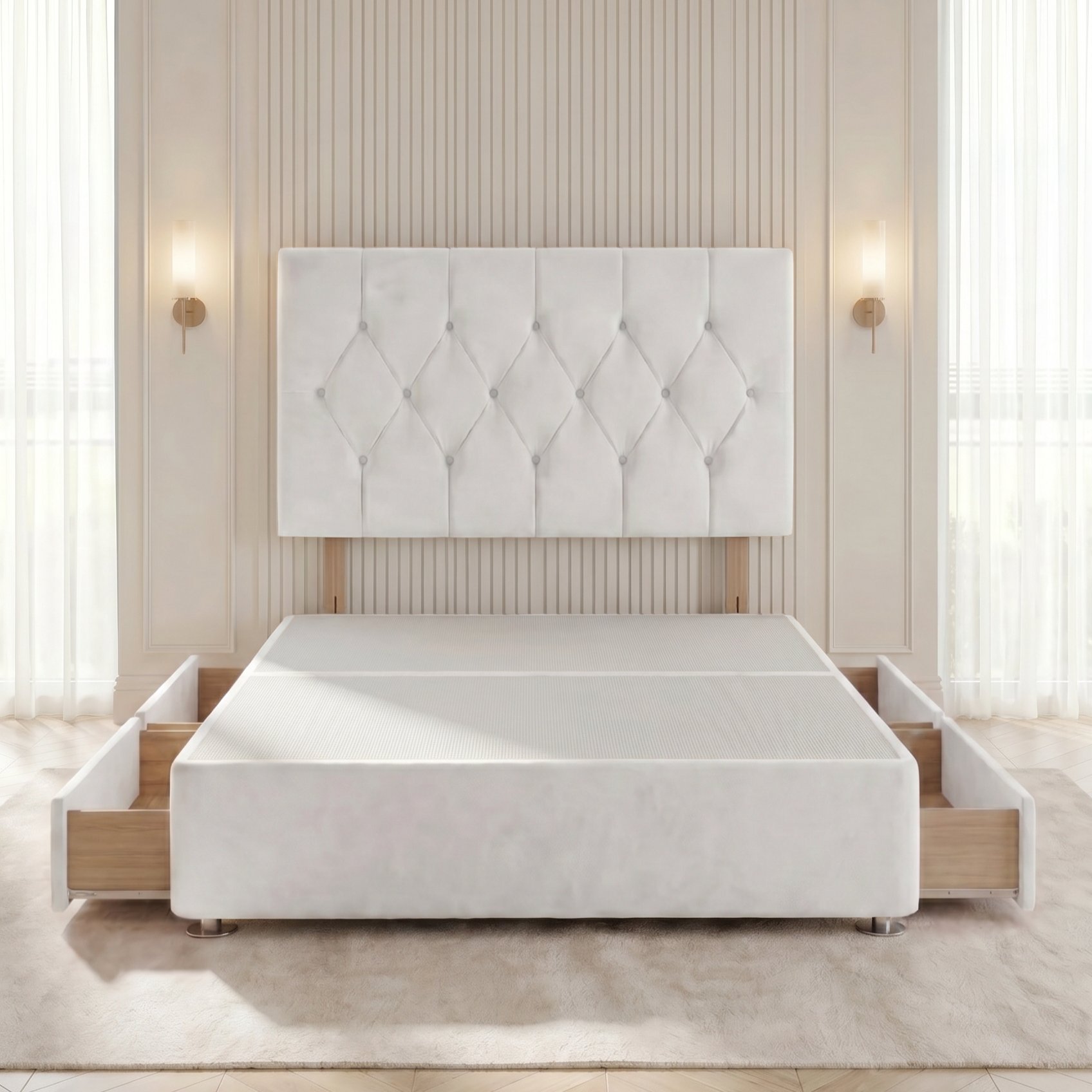 Somnior Chester Velvet Super King 4 Drawer Divan Bed with Headboard - White