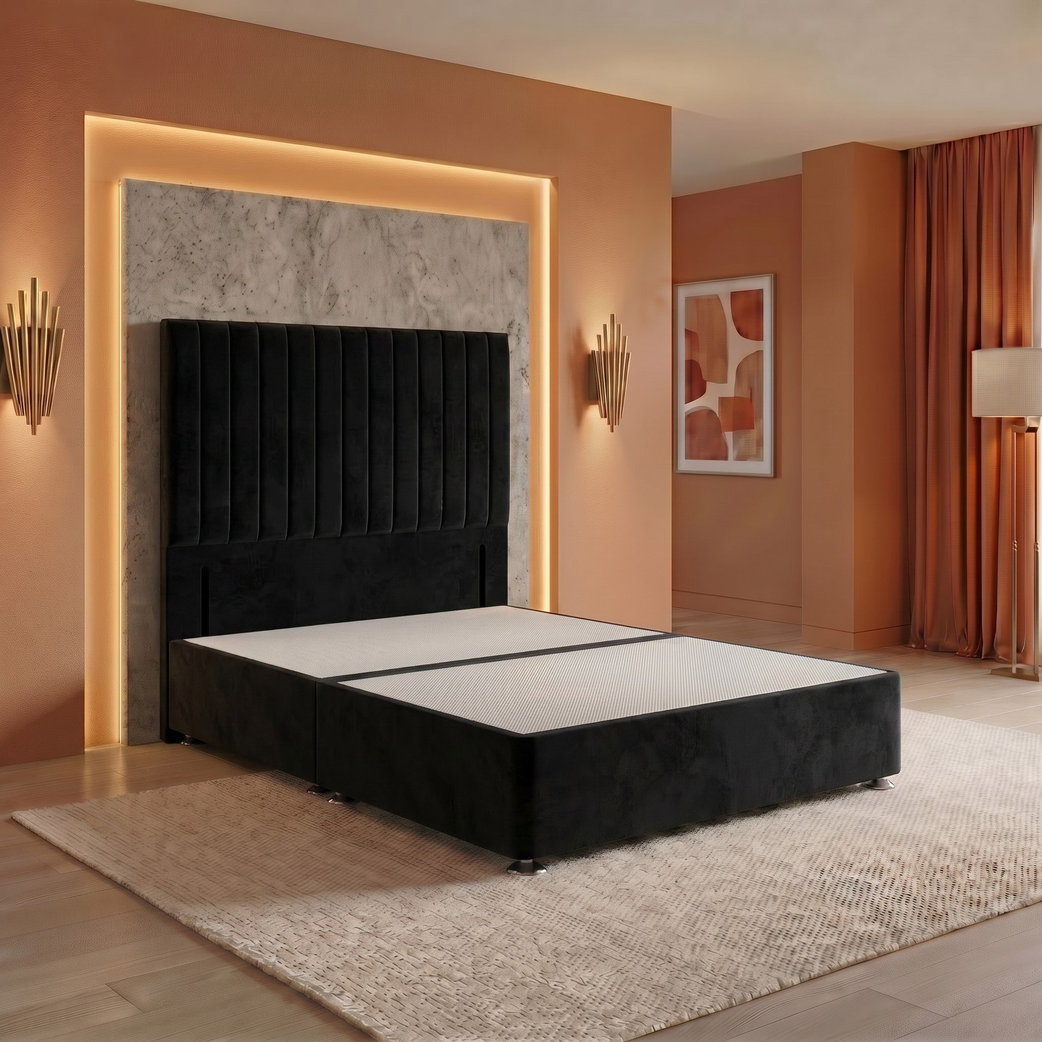 Somnior Heritage Velvet Small Single Divan Bed Base & 54" Headboard - Black